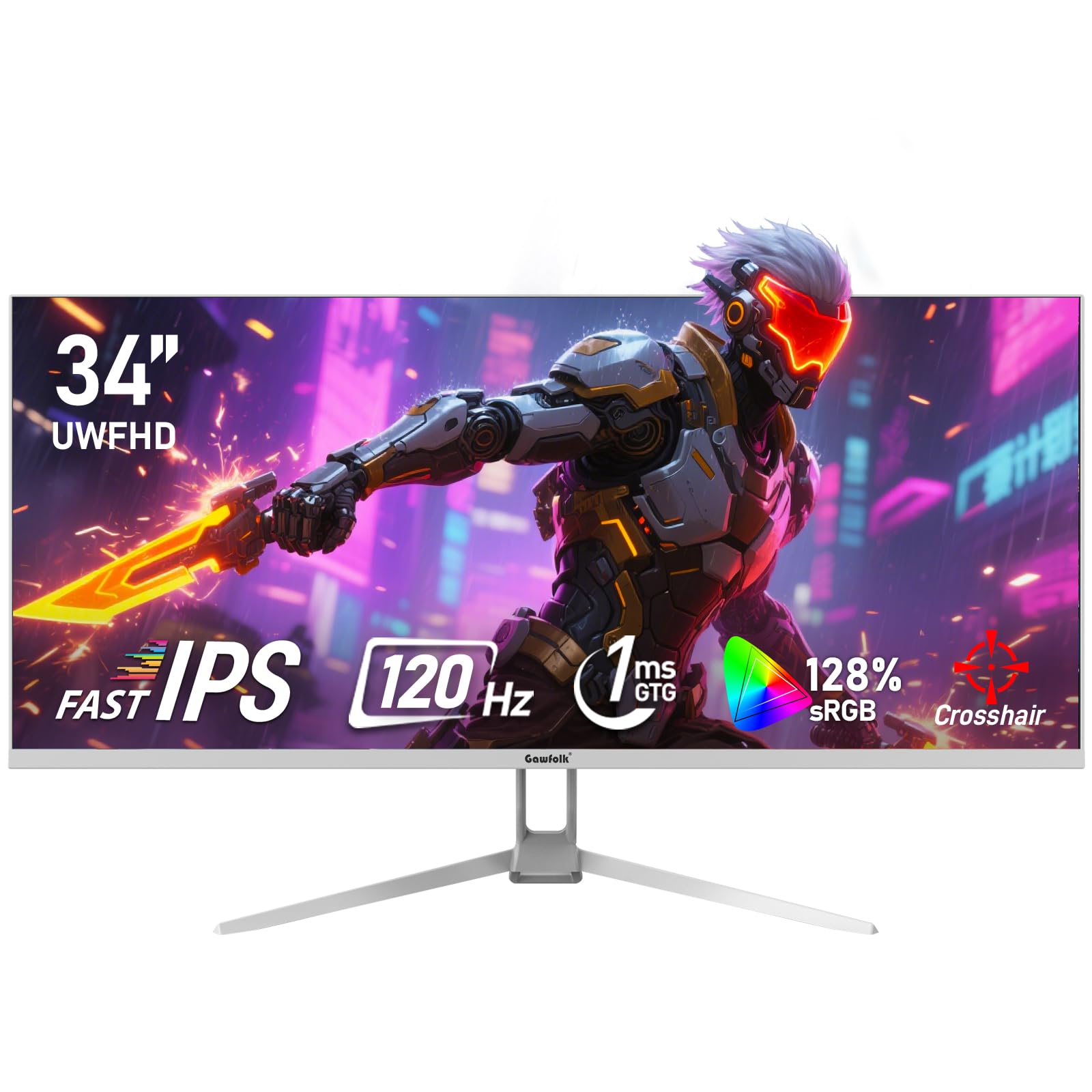 Gawfolk 34 Inch IPS Ultrawide 120Hz Gaming Computer Monitors, 21:9 UWFHD (2560x1080) PC Screen, 128% sRGB, Adaptive Sync, 178° Viewing Angle, HDMI,Display Port, Compatible with Wall mounting -White