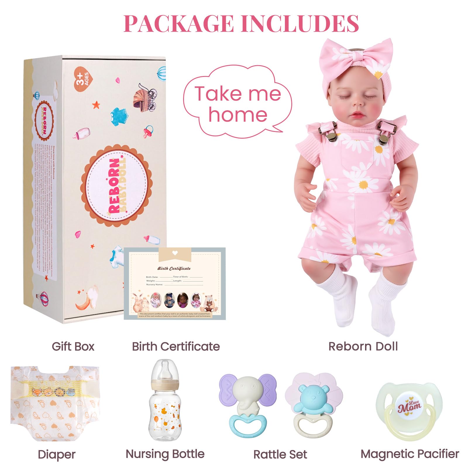 BABESIDE Reborn Puppe Mädchen, 20 Zoll Vinyl Schlafende Babypuppen wie echt | Bewegliches Reborn Baby mit Stoffkörper, Lebensechte Babypuppen mit Latzhosen-Set und Zubehör, Baby Doll Puppe ab 3+ Jahre