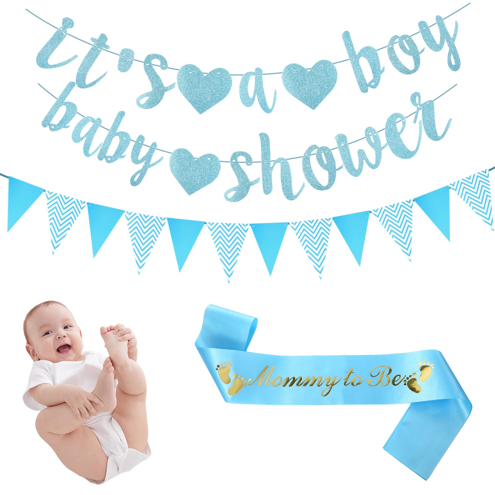 Blue Baby Shower Decorations Girl Boy, Flourish Sequin Personalized Baby Shower Banner "ITS A BABY" Glitter Pink Bunting Banner "Mammy to Be" Shoulder Strap for Mom for Gender Reveal Party