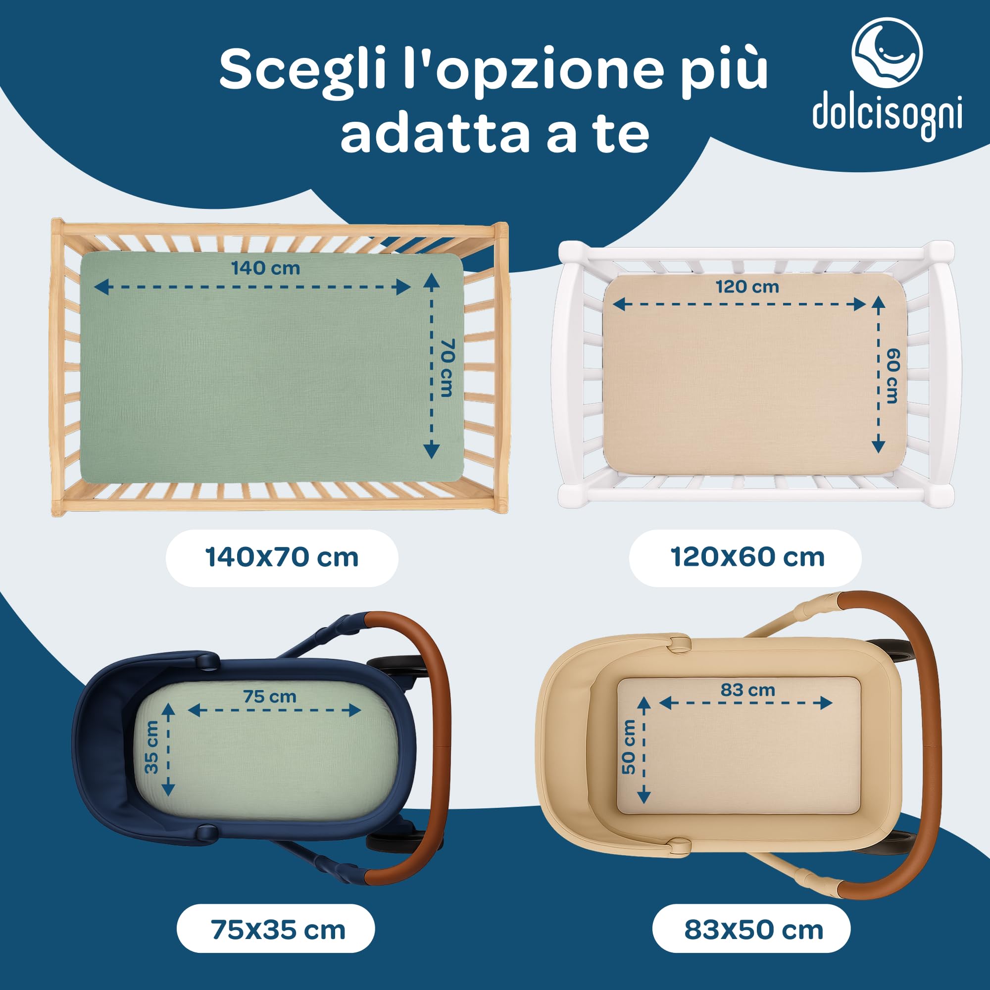 DOLCI SOGNI - Set Lenzuola Lettino 70x140 In Mussola Di Cotone Con Angoli Elasticizzati - Lenzuola per Lettino Asilo e Brandina con Lenzuolo 70x140 - Certificato Oeko-TEX - 1 x Sabbia + 1 x Menta