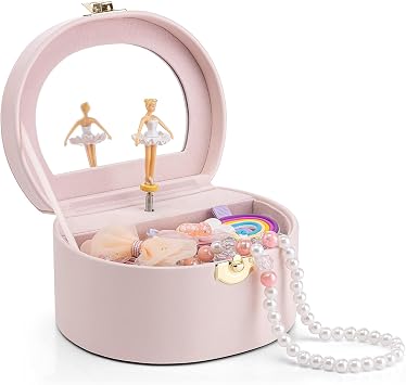 VLANDO Musical Jewelry Box for Girls, Arc Design with Spinning Ballerina Large Compartment for Small Treasures, Plays Canon Melody, Built-In Mirror and Soft Carry Handle, Birthday Christmas Gift