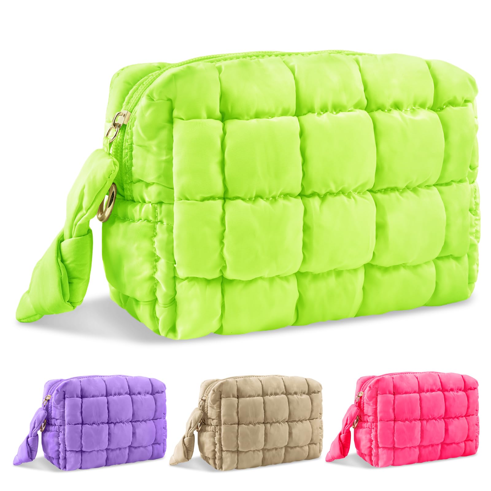 Puffer Quilted Makeup Bag Cosmetic Bags,Puffy Travel Toiletry Pouch for Women,Cute Checkered Zipper Bag Travel Essential,Portable Aesthetic Make up