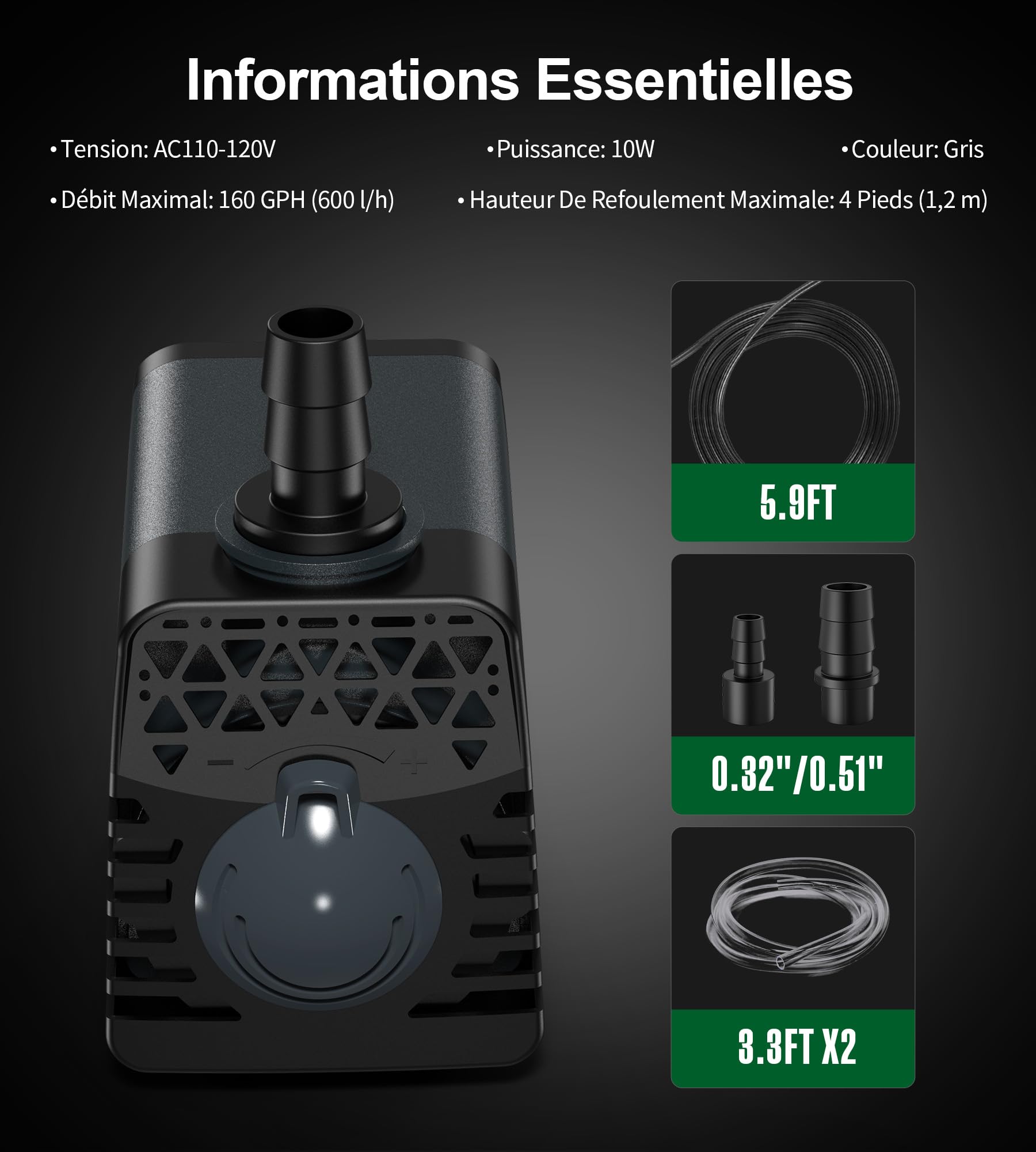 Ankway Pompe à Eau Submersible,10W 600 L/H, Pompe Eau Aquarium Ultra-Silencieux, Ajustable Pompe Fontaine Avec Câble 1,8 M Et 2 Buses, Pompes Pour Bassins, Fontaines, Statues Et Systèmes Hydroponiques