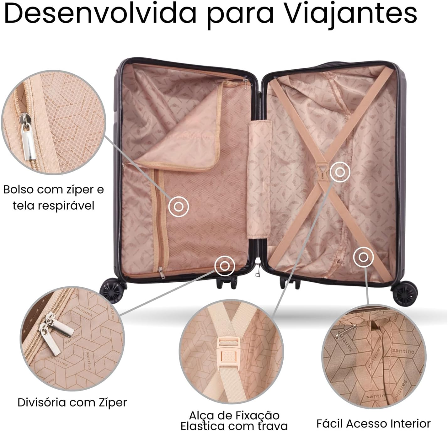 SANTINO, Mala de Bordo Versalhes Rígida 360° Santino P- ASDV501P Cor: Chumbo SANTINO, Mala de Bordo Versalhes Rígida 360° Santino P- ASDV501P Cor: Chumbo