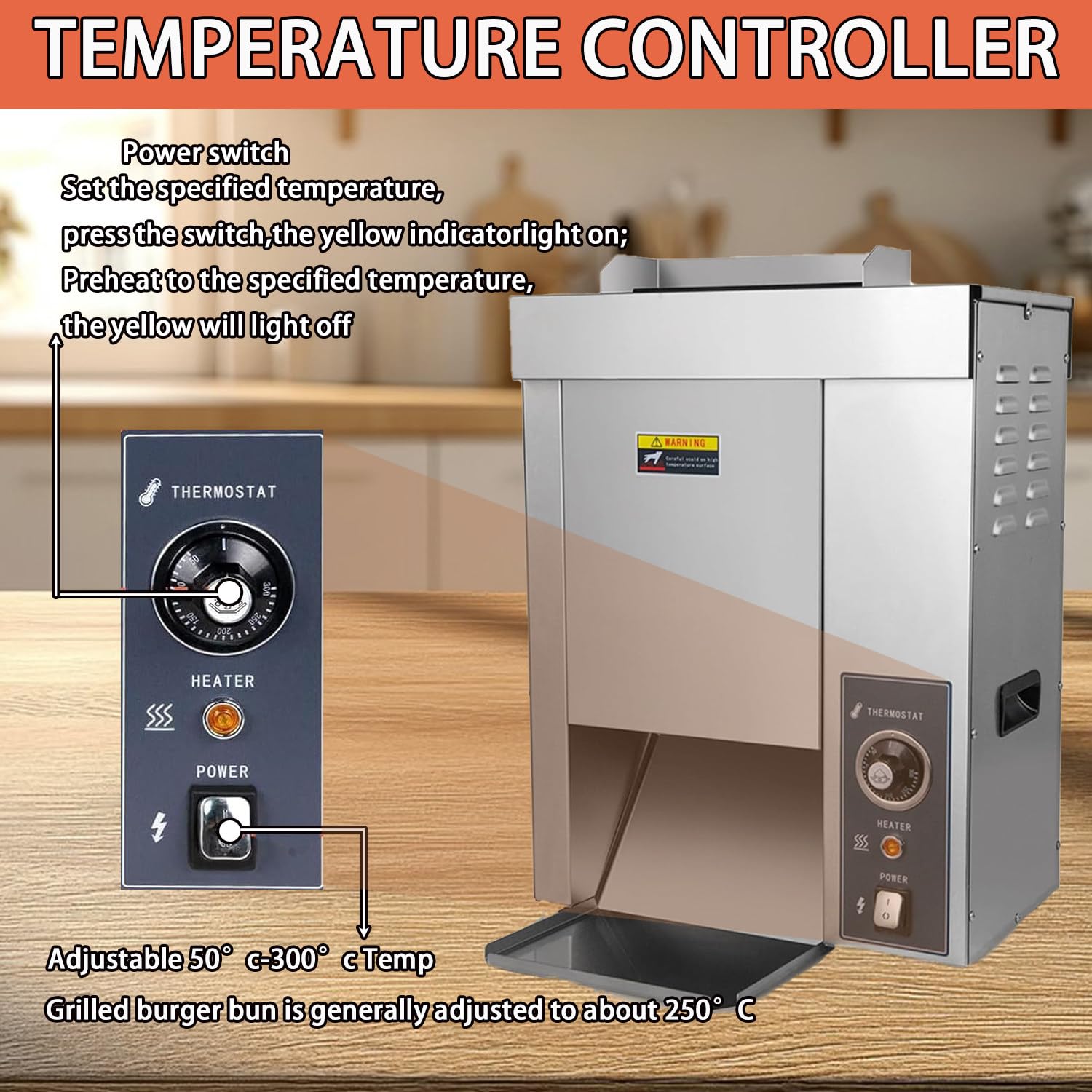 Tostador de Pan Vertical Temperatura Ajustable 50-300°C, Máquina Hacer Hamburguesas 2000W Power, Plancha Profesional Acero Inoxidable 304