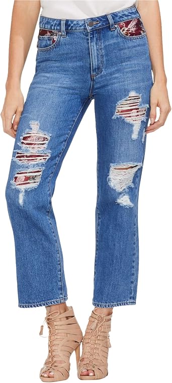 High Rise Patchwork Straight Leg Jeans 