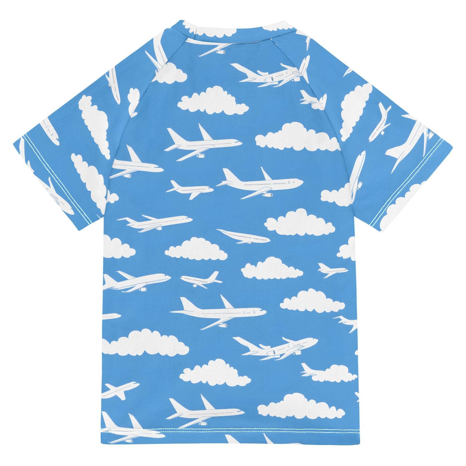 ALAZA Kids Rash Guard Toddler Swim Shirt Boy Girls Blue Airplane White Clouds UPF 50+ Short Sleeve 4T