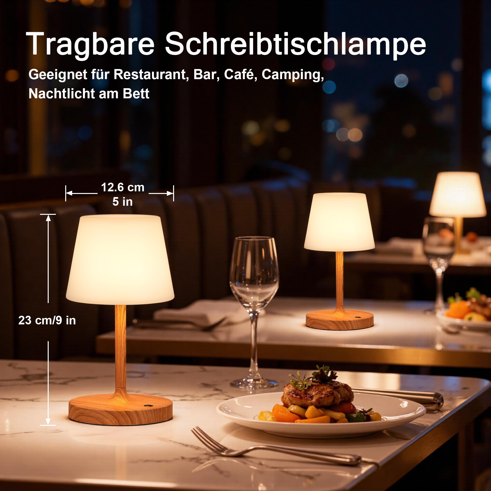 LED Tischlampe Kabellos, Nachttischlampe Touch, Tischlampe Kabellos Akku mit Stufenlos Dimmbar & Memory Funktion, Touch Nachttischlampe Dimmbar für Schlafzimmer, Café, Outdoor, Holzmaserung