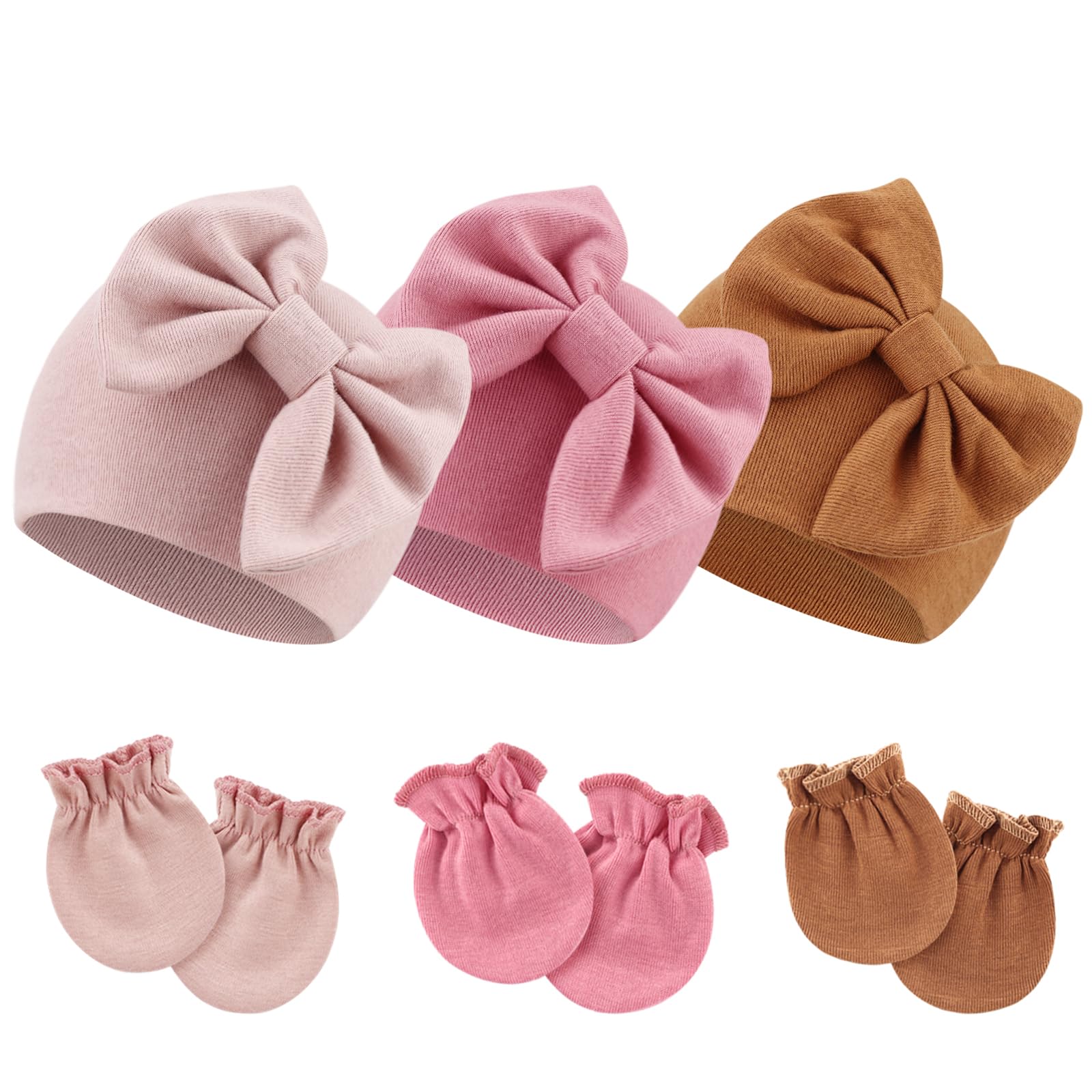DRESHOW Newborn Baby Hats Mittens Set Hospital Hat Beanie Infant Bow Hats Baby Cotton Gloves No Scratch Mittens for 0-6 Months