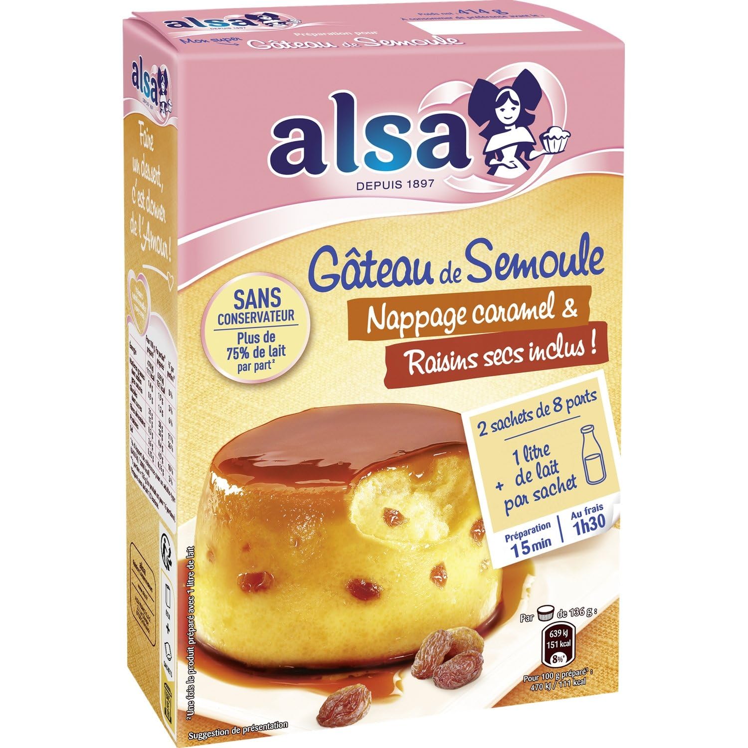 ALSA – Préparation Gâteau Semoule Gourmand aux Raisins et Caramel, Texture Fondante (414 g) - Le lot de 4