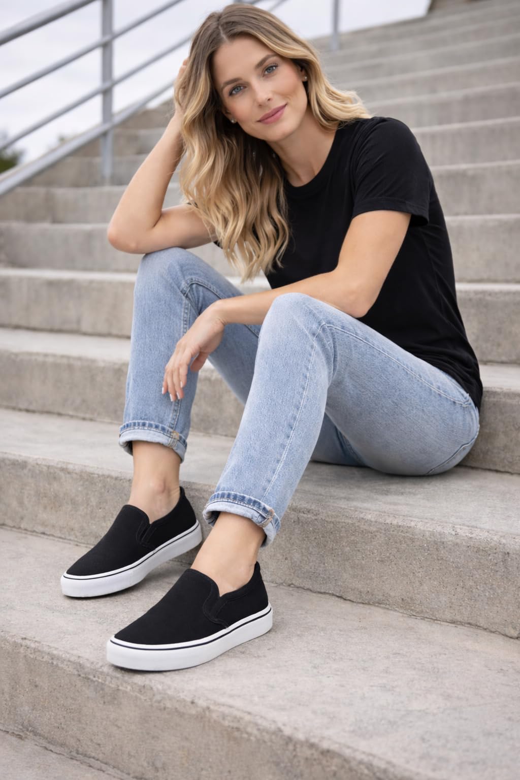 Emma Shoes Low-Top Slip Ons Women's Fashion Sneakers Casual Canvas Sneakers for Women Comfortable Flats Breathable Padded Insole Slip on Sneakers Women Low Slip on Shoes, Black, 9