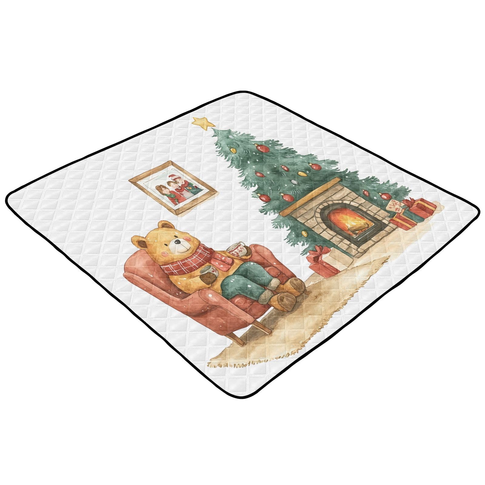 BOESI Doodle Christmas Bear Pattern Baby Play Mat, 50“ X 50” Washable Folding Crawling Mat, Baby Floor Mat, Soft, Thick, Non-Slip
