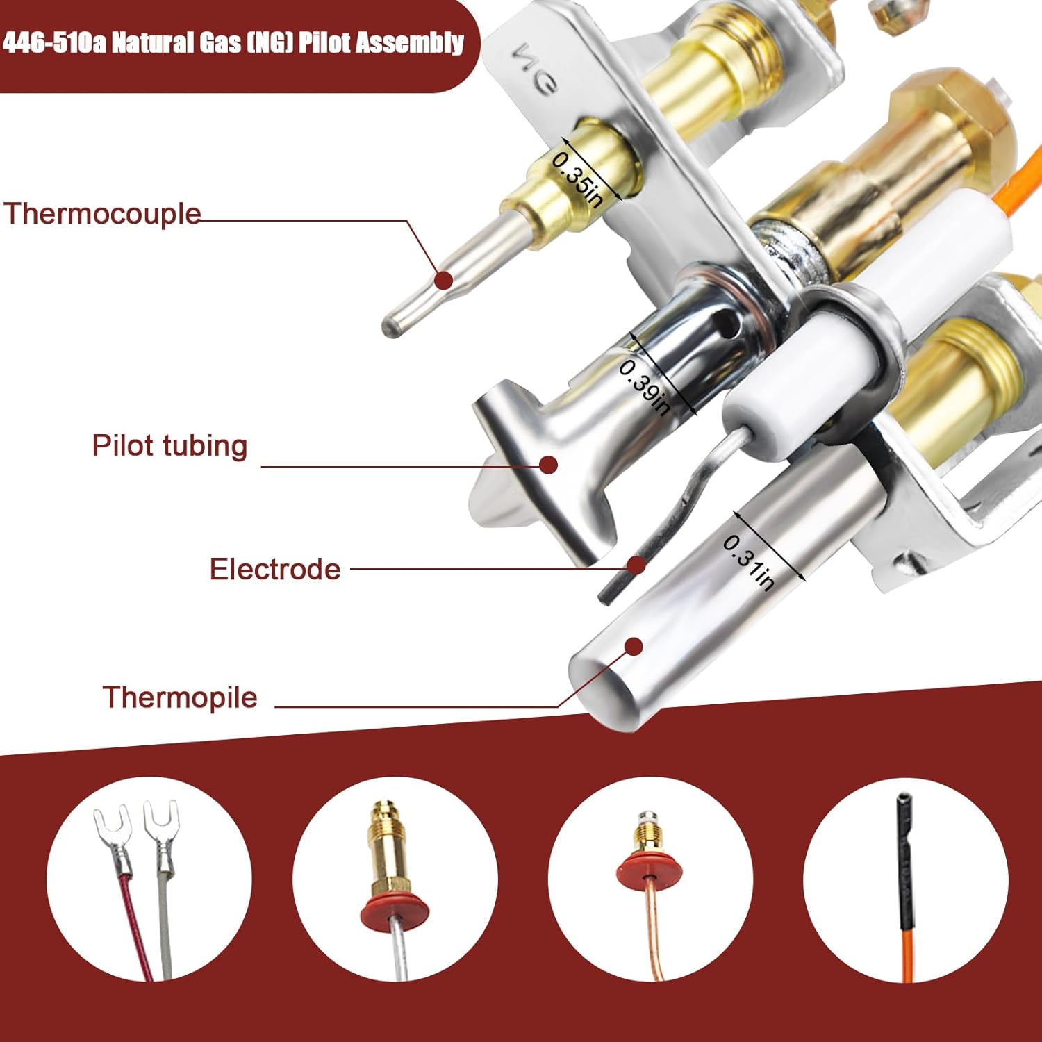 446-510A Natural Gas Pilot Assembly for Heat-N-Glo, Royal Gas Fireplaces, Standing Pilot Assembly Replacement Parts SRV446-510A, for Heat-N-Glo Fireplace with Thermocouple Thermopile and Pilot Tubing