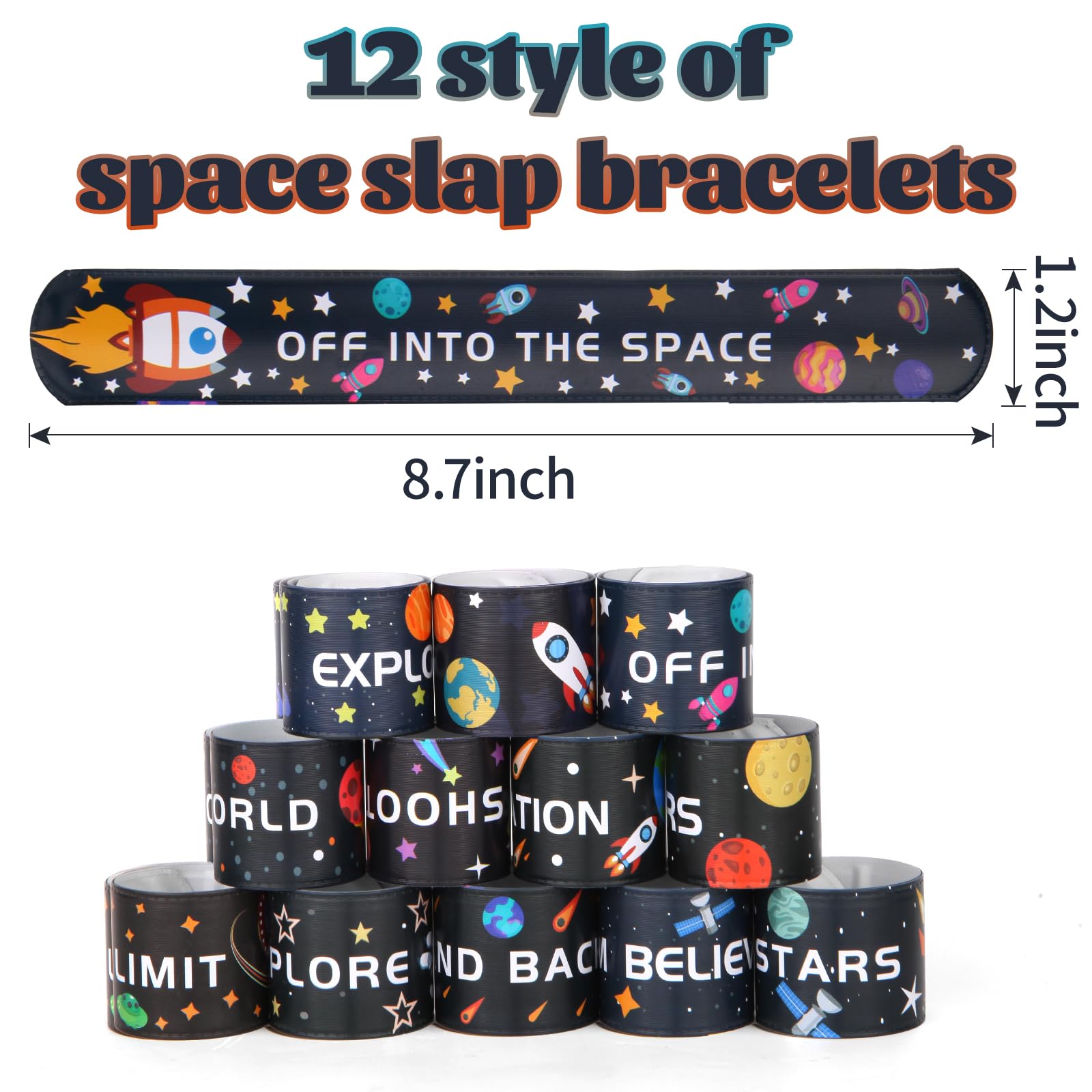 Kolewo4ever 144 Pieces Space Slap Bracelets Space Party Favors Bracelets Fun Words Printed Wristband for Party Supply School Classroom Prize Exchange,12 Styles