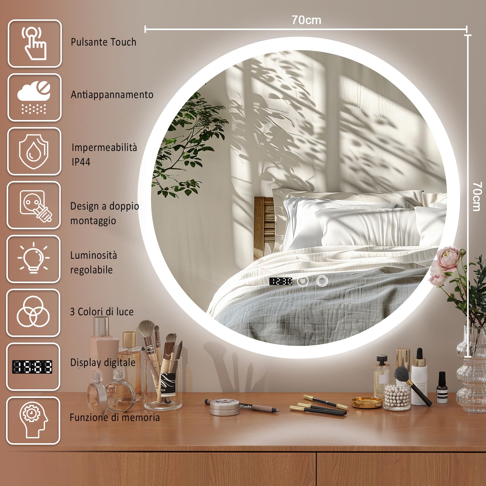 YU YUSING Specchio Bagno Rotondo con Luce LED 70cm, Specchio da Parete Retroilluminato Bagno, 3 Colori di Luce, Luminosità Regolabili, Interruttore Touch, Antiappannamento, Display Dell'Ora, IP44