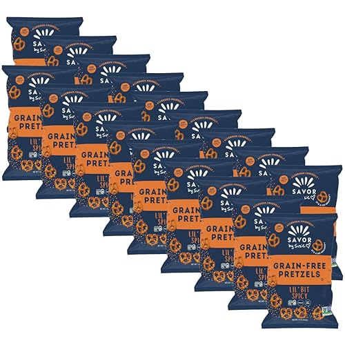 Savor by Suzie, Pretzel Twists sin gluten, sin granos, sin nueces, sin OMG, veganos, sin azúcar, aperitivos paleo Lil' Bit Spicy, paquete de 18