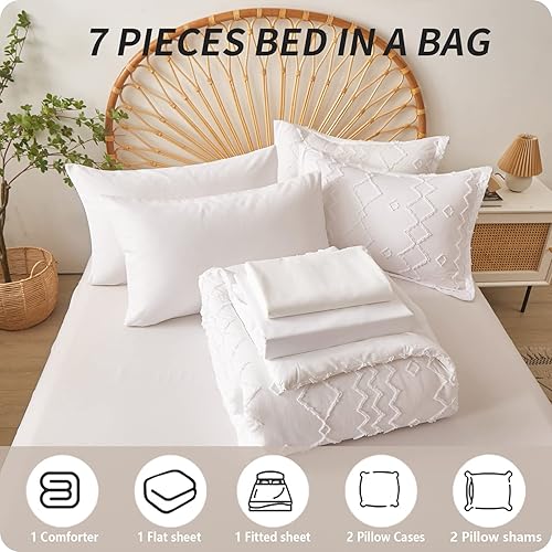 Miniatura 3 de FLYMME Juego de edredón blanco copetudo en una bolsa tamaño King con sábanas, juego de ropa de cama suave y ligero con bordado geométrico de 7