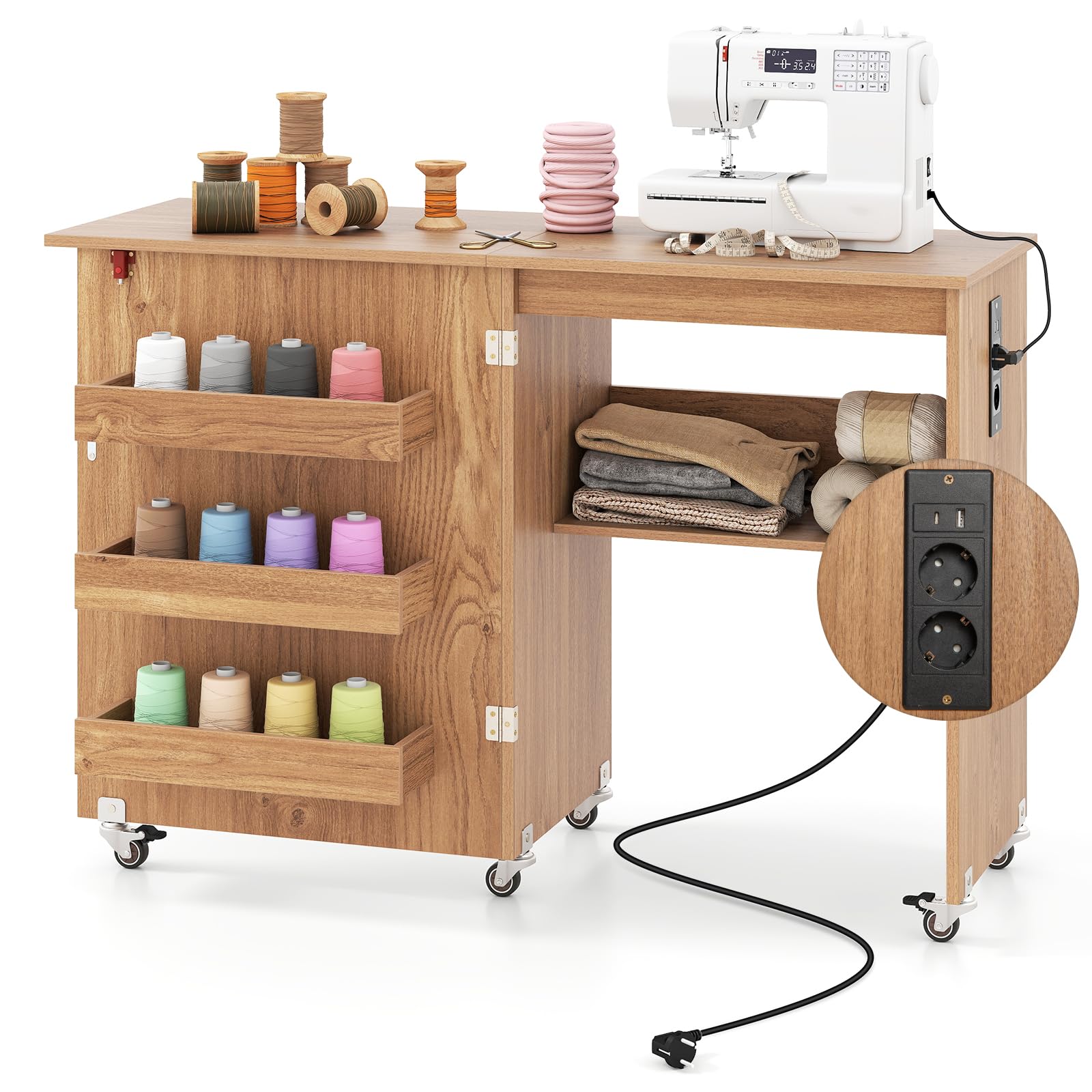 COSTWAY 2 in 1 Nähtisch klappbar mit Ladestation, Nähmaschinenschrank aus Holz mit Regalen, Nähschrank mit abschließbaren Rädern, Nähmaschinentisch Basteltisch für Wohnzimmer, Schlafzimmer (Natur)