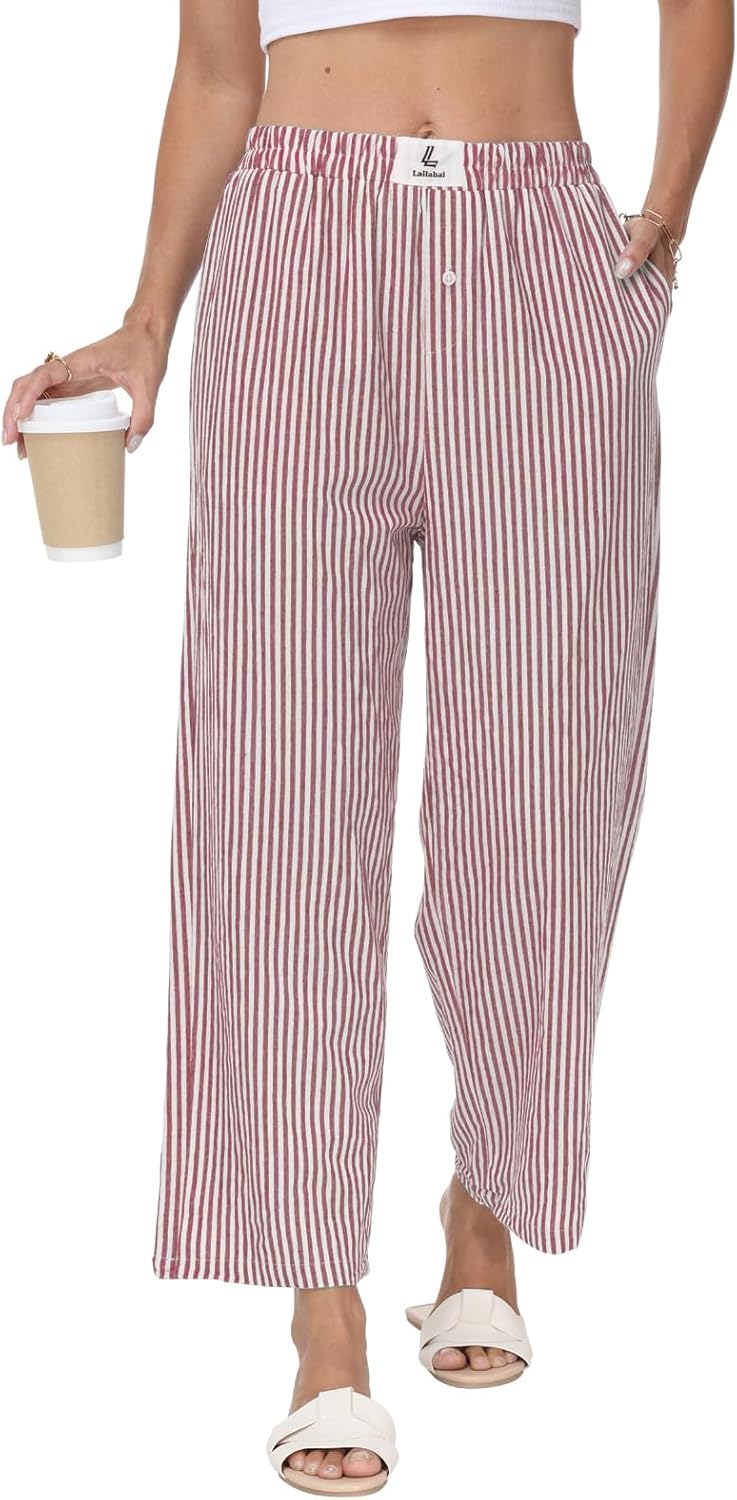 2026 Women Striped Gingham Palazzo Cropped Pants Lounge Boxer Pajama Pants Wide Leg PJ Bottoms Trousers with Pockets