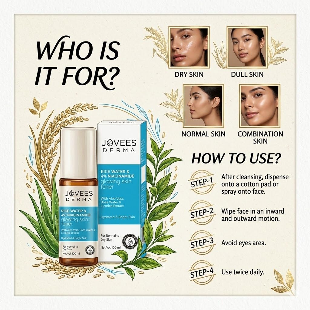 4% Niacinamide & Rice Water Toner Enriched with Rice Extracts for Glass Skin Glow | Hydrates Skin, Fades Blemishes & Pore Tightening Mist | Normal to Dry Skin | 100ml