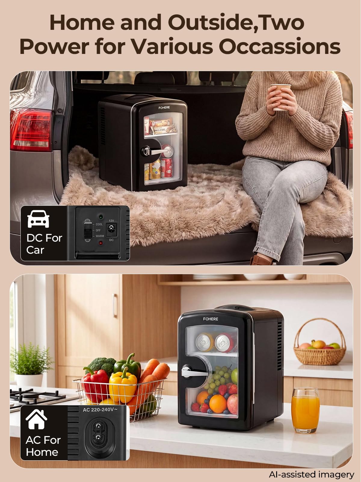 FOHERE Mini frigo da Camera, 4L Frigorifero Piccolo, 220V CA/12V CC, Raffreddamento e Riscaldamento, Nero