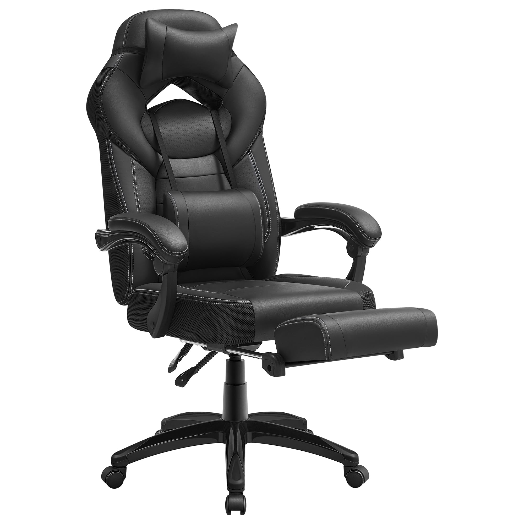 SONGMICS Gaming Chair, Office Racing Chair with Footrest, Desk Chair, Ergonomic Design, Adjustable Headrest, Lumbar Support, 150 kg Load Capacity, Black OBG077B11