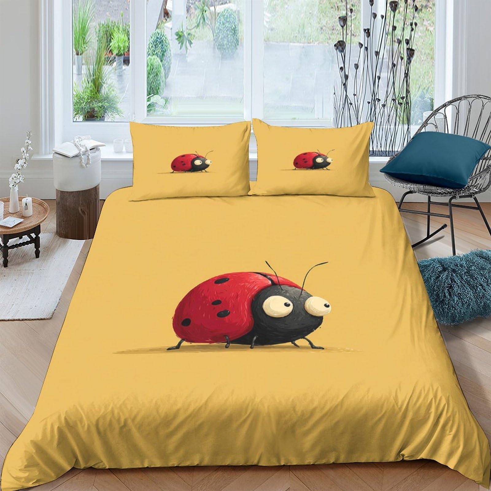 Ctjqhvkz Style-9 3D Printed Cartoon Ladybug Fitted Sheet Microfiber Soft Anti-Slip Yellow Bed Cover For Bedroom Guest Room Decor Single（135X200cm）