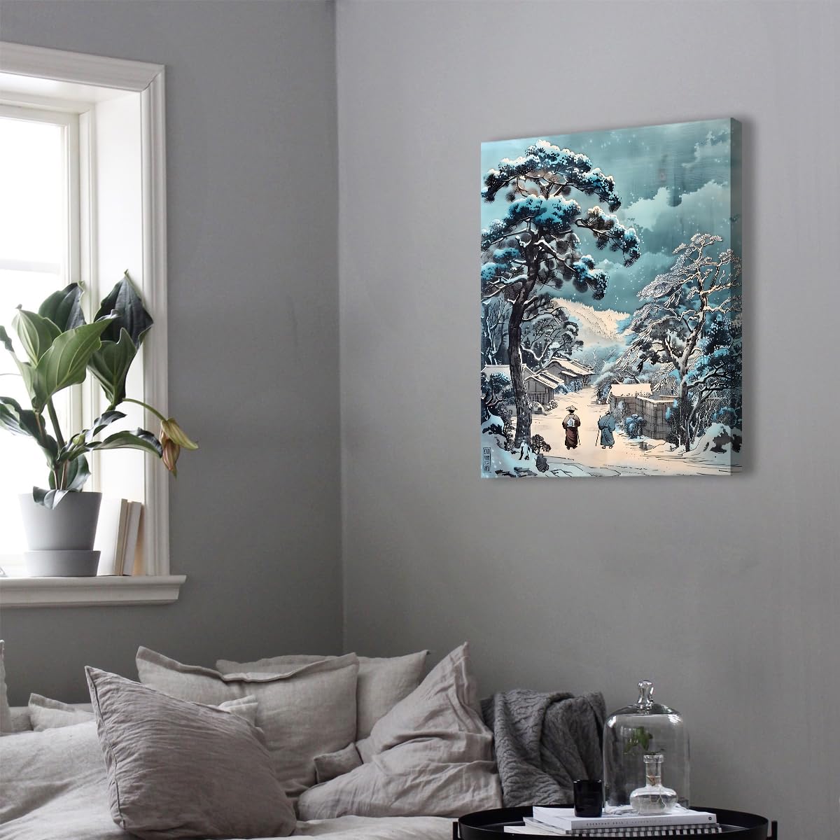 Via Vela Paysage traditionnel hivernal japonais Art mural mural Fresque de village enneigé Œuvre orientale Affiche pour décoration de buanderie 90x120cm