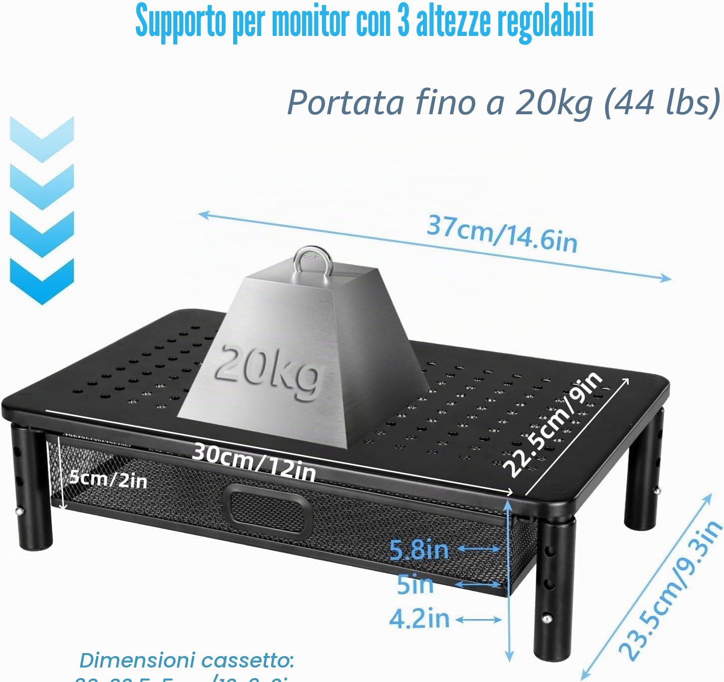 seOSTO Supporto per monitor con cassetto, supporto per monitor, 3 altezze regolabili con organizer, rialzo per monitor in metallo per laptop, computer, PC, stampante