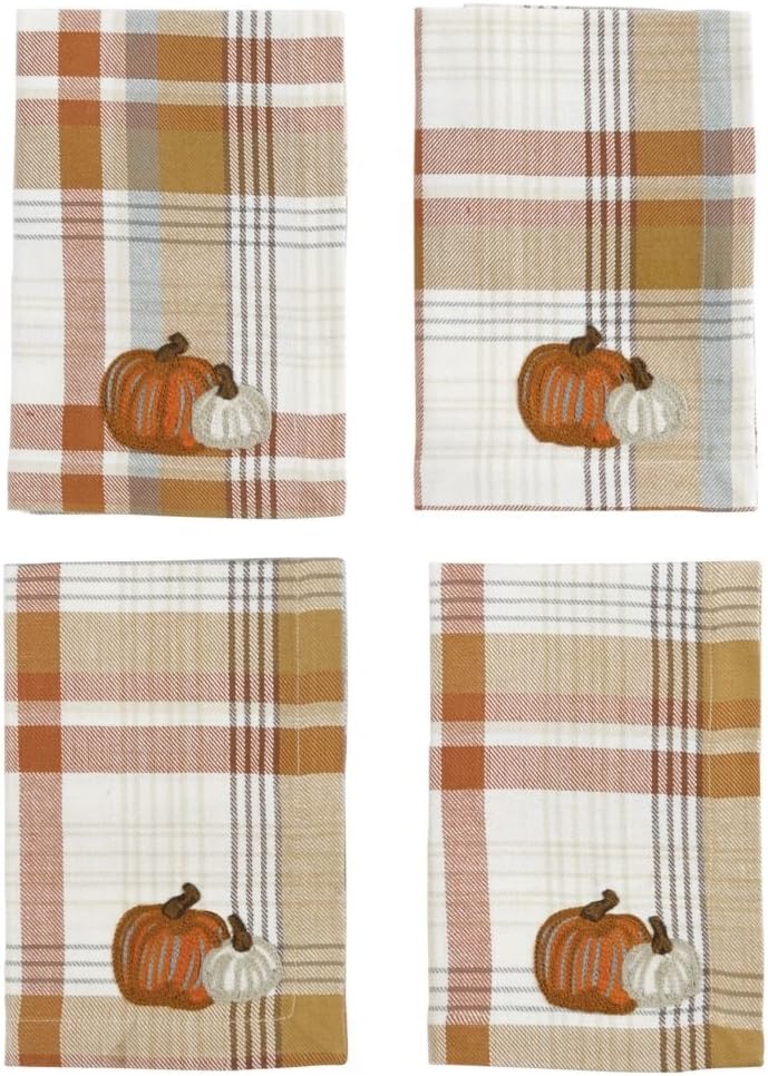 Mud Pie Thanksgiving Plaid Pumpkin Dinner Napkin 4 Piece Set