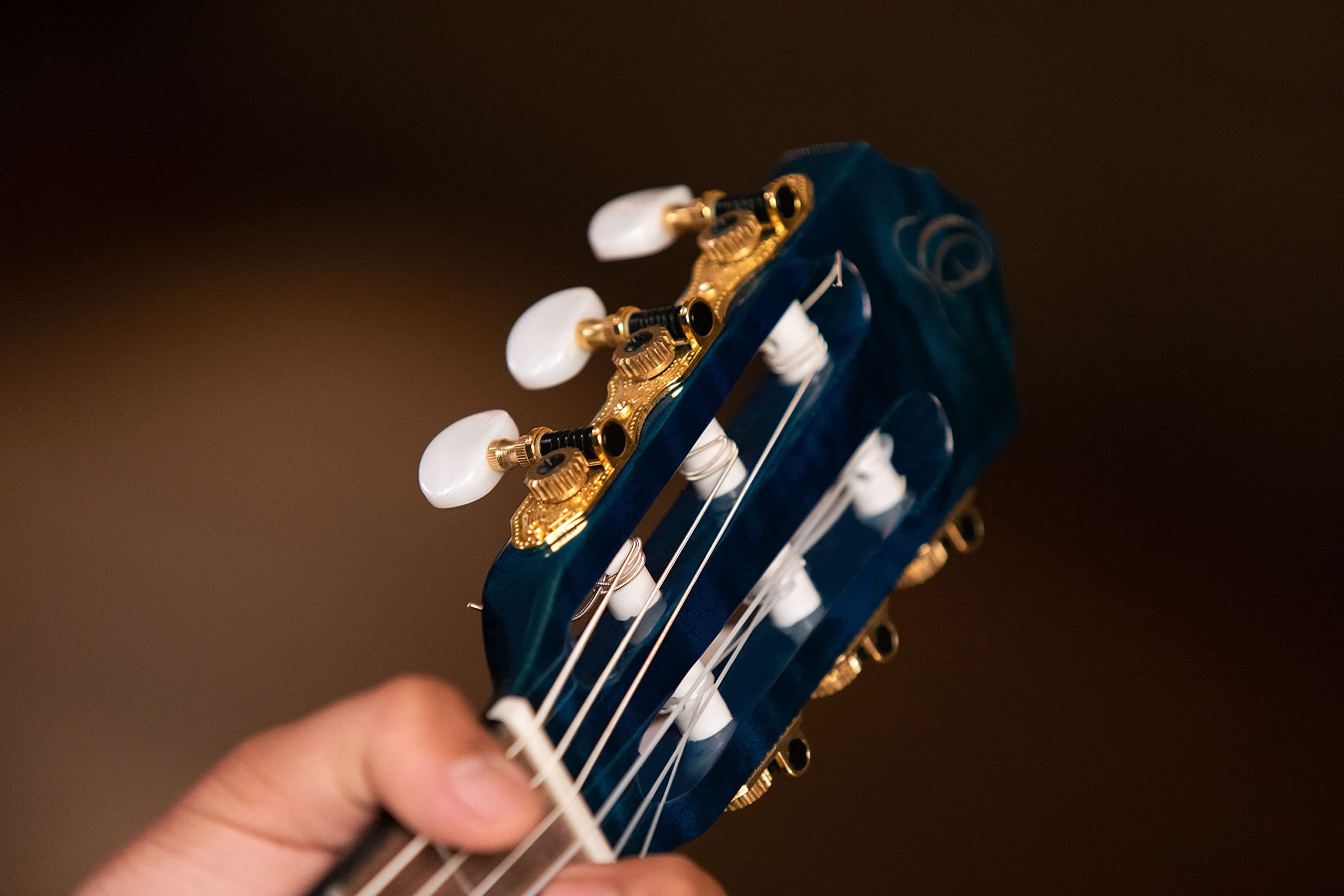 Ortega Guitars Reise Gitarre Elektro-Akustisch – Mini Travel Series – Geflammtes Mahagoni, Hochglanz Blau (RGLE18BLF)