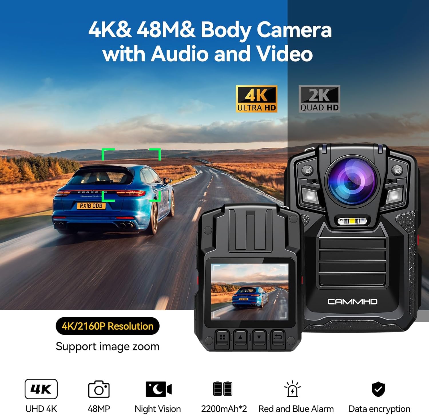 CAMMHD V8-128GB Body Camera showcasing 4K and 48MP capabilities with audio and video recording.