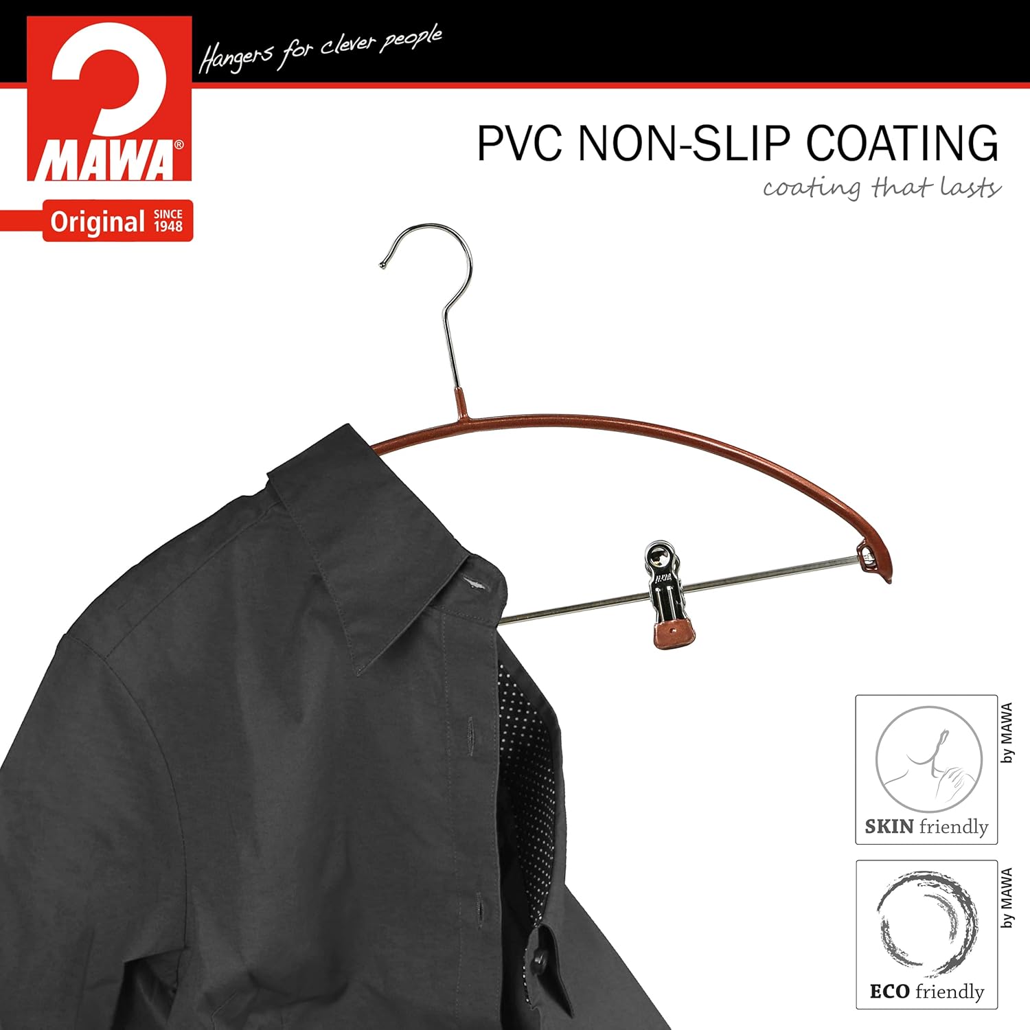 MAWA by Reston Lloyd European Non-Slip Metal Clothing Hanger, Smooth Shoulder Support & Adjustable Pant Clips, Set of 5, Copper