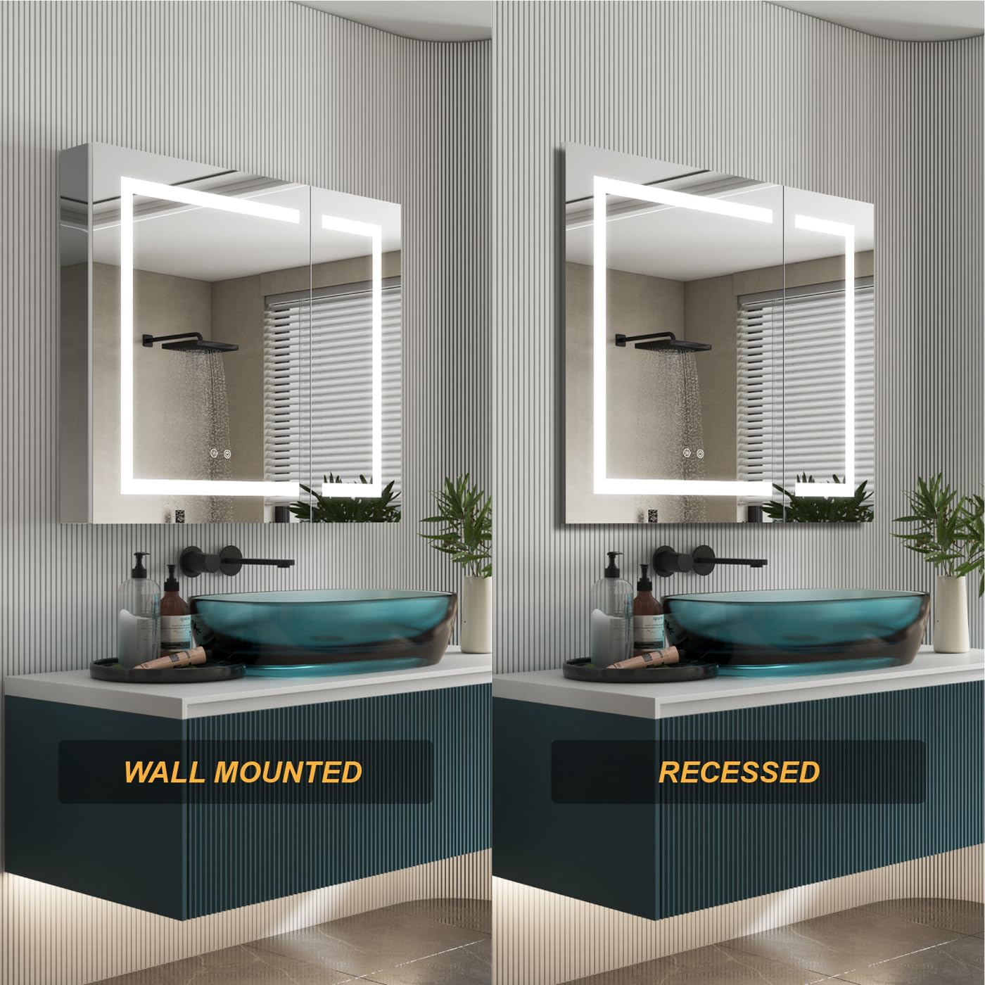 Comparison of wall-mounted and recessed installation options for the LED mirrored cabinet
