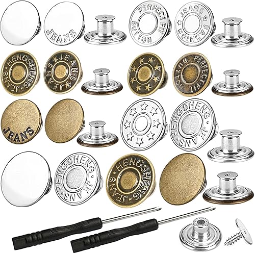 100 juegos de botones para jeans, 0.669 in y 0.787 in sin coser, botones de metal ajustables extraíbles y sin coser, botones de mezclilla para