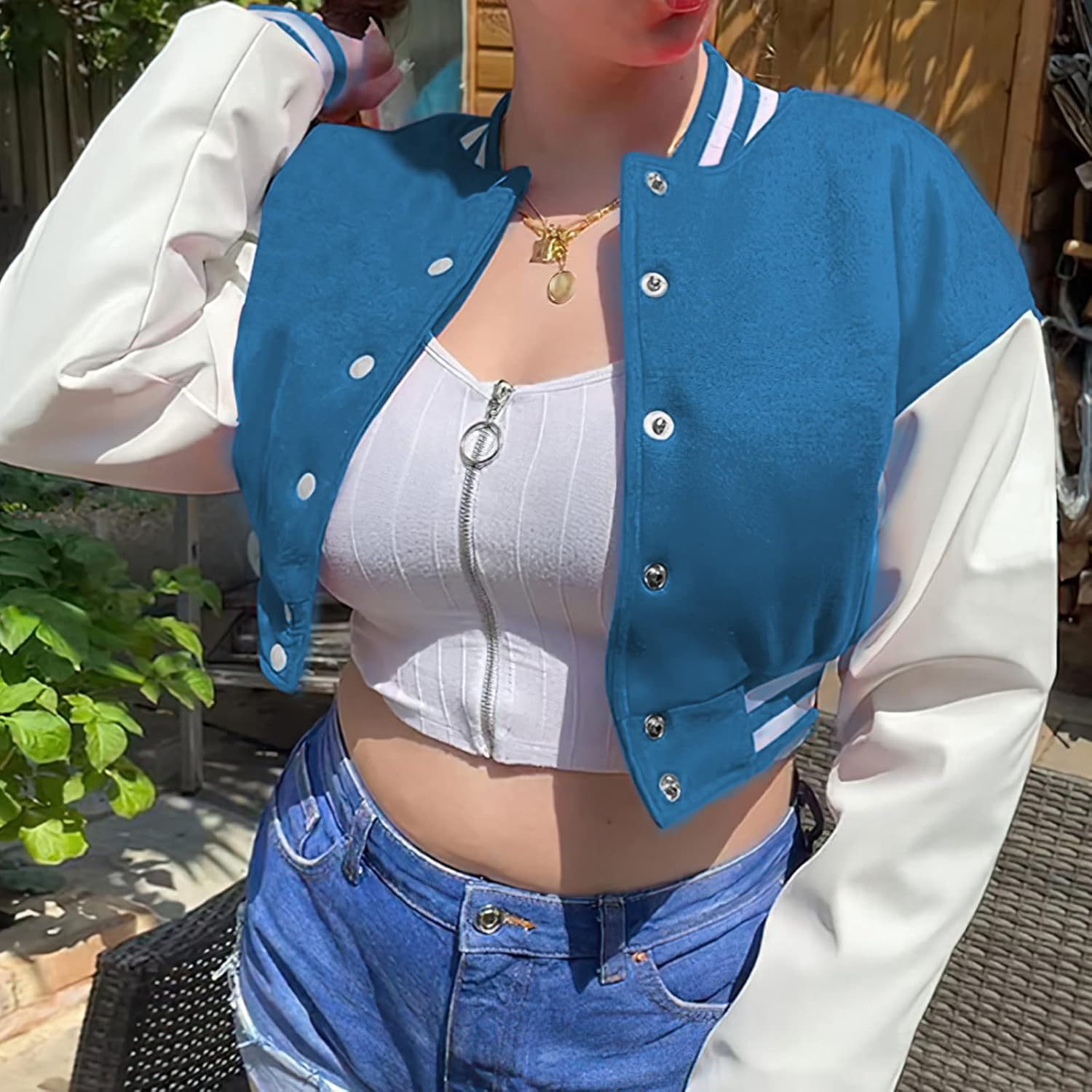 Xaspee Women's Casual Baseball Jacket Faux Leather Colorblock Button Crop Bomber Jacket - Image 3