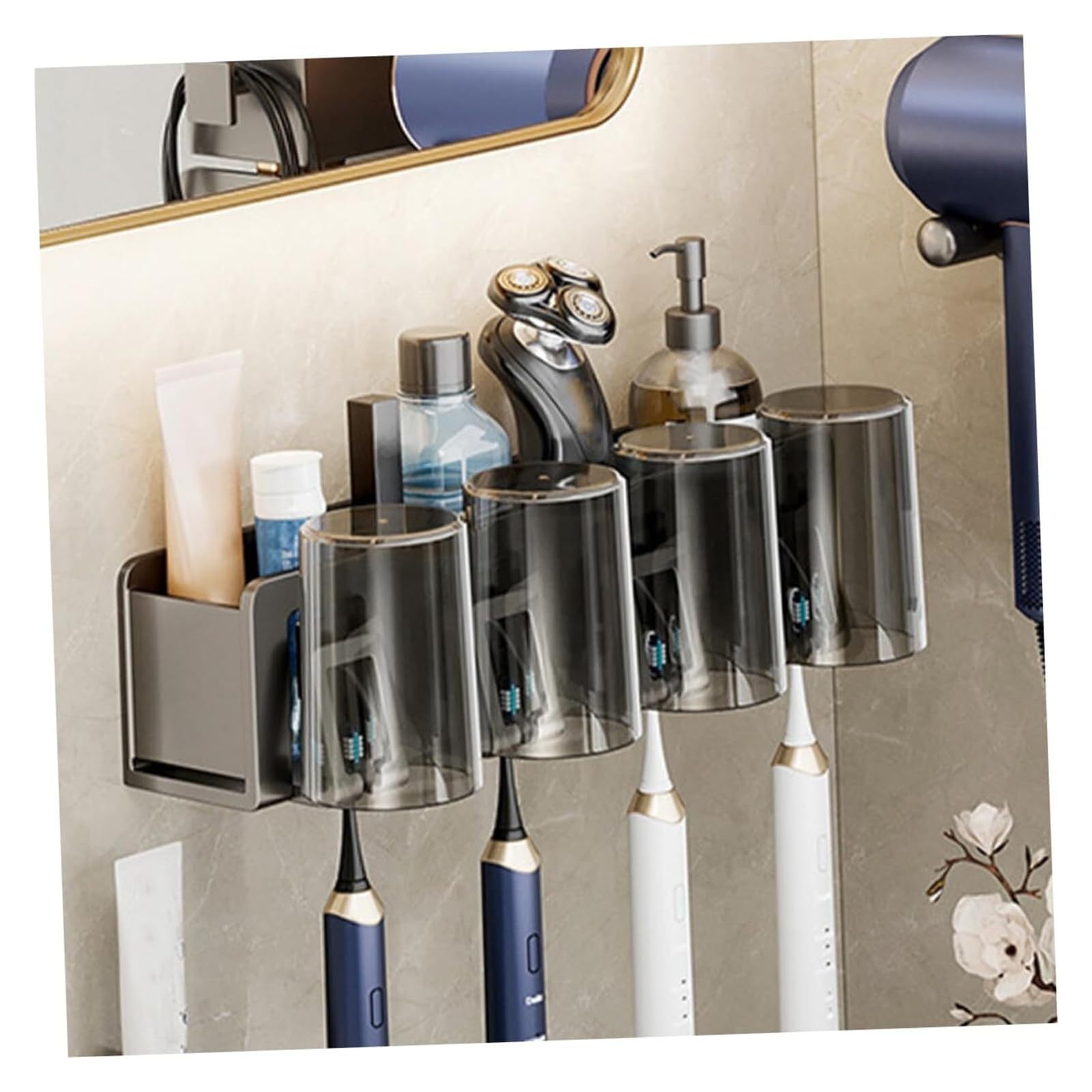 Portacepillos de Dientes Organizador de cepillos Dientes Elegante, Soporte for Cepillo uñas montado en la Pared, Almacenamiento Tazas Vaso de Enjuague bucal Reutilizable