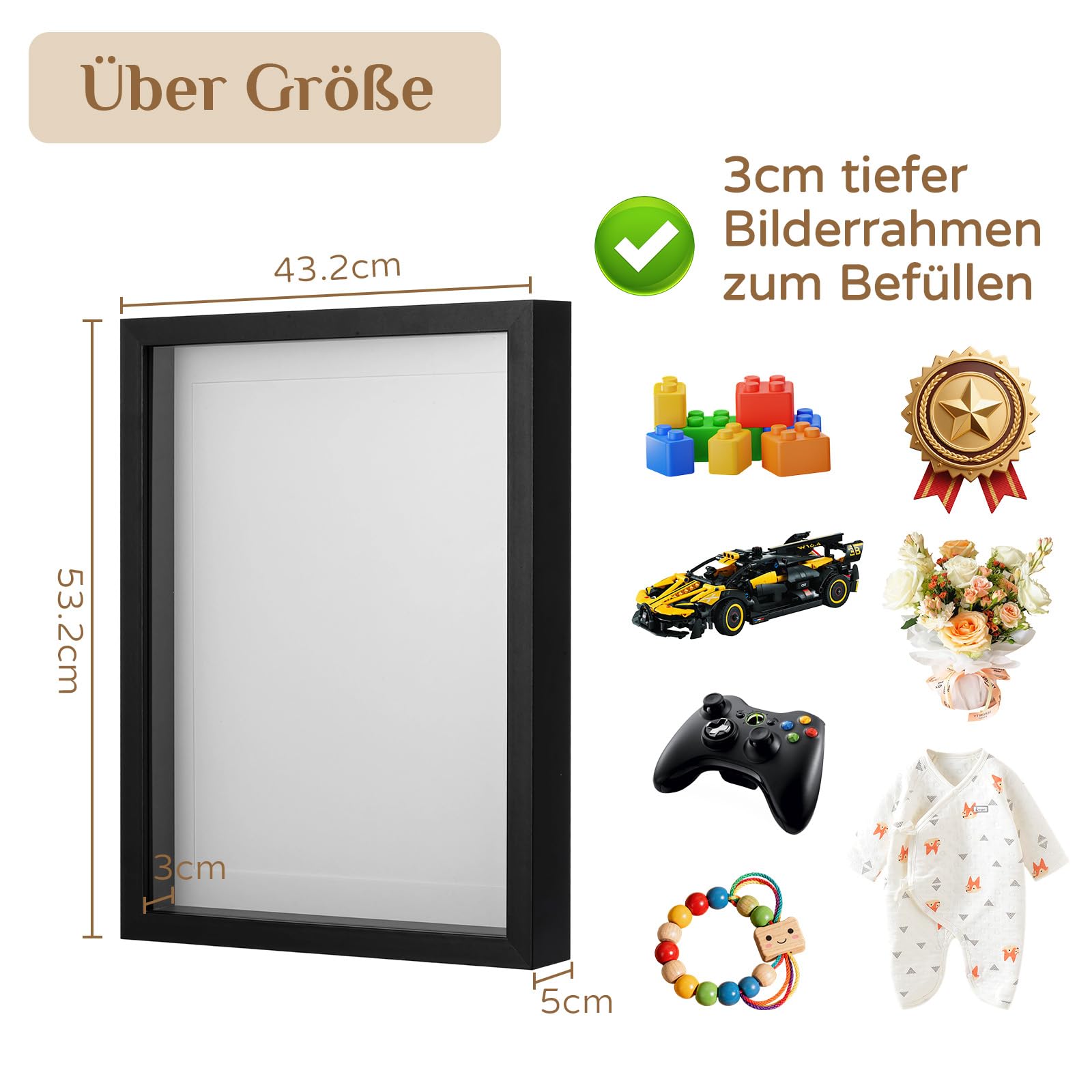 3d Bilderrahmen zum Befüllen Groß: 3 cm Tiefer Rahmen 40x50 Schwarz für Gegenstände Geschenk - Dicker Objektrahmen Schaukasten für Trikot T-shirt Foto Collage
