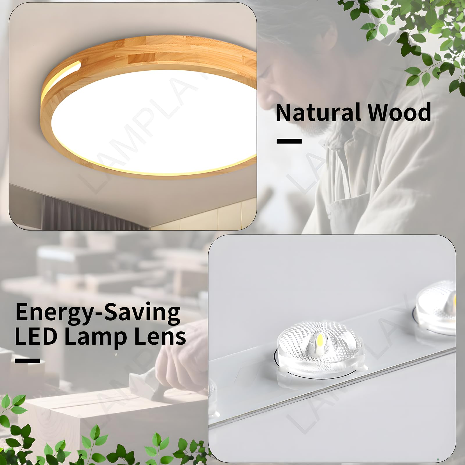 Lámpara De Techo Redonda De Madera, Ø40cm, Lámpara LED Regulable, Madera Natural Original, Control Remoto, 3000K-6000K, 30W, Diseño Hueco Lateral, Ideal Para Dormitorio Sala De Estar Estudio