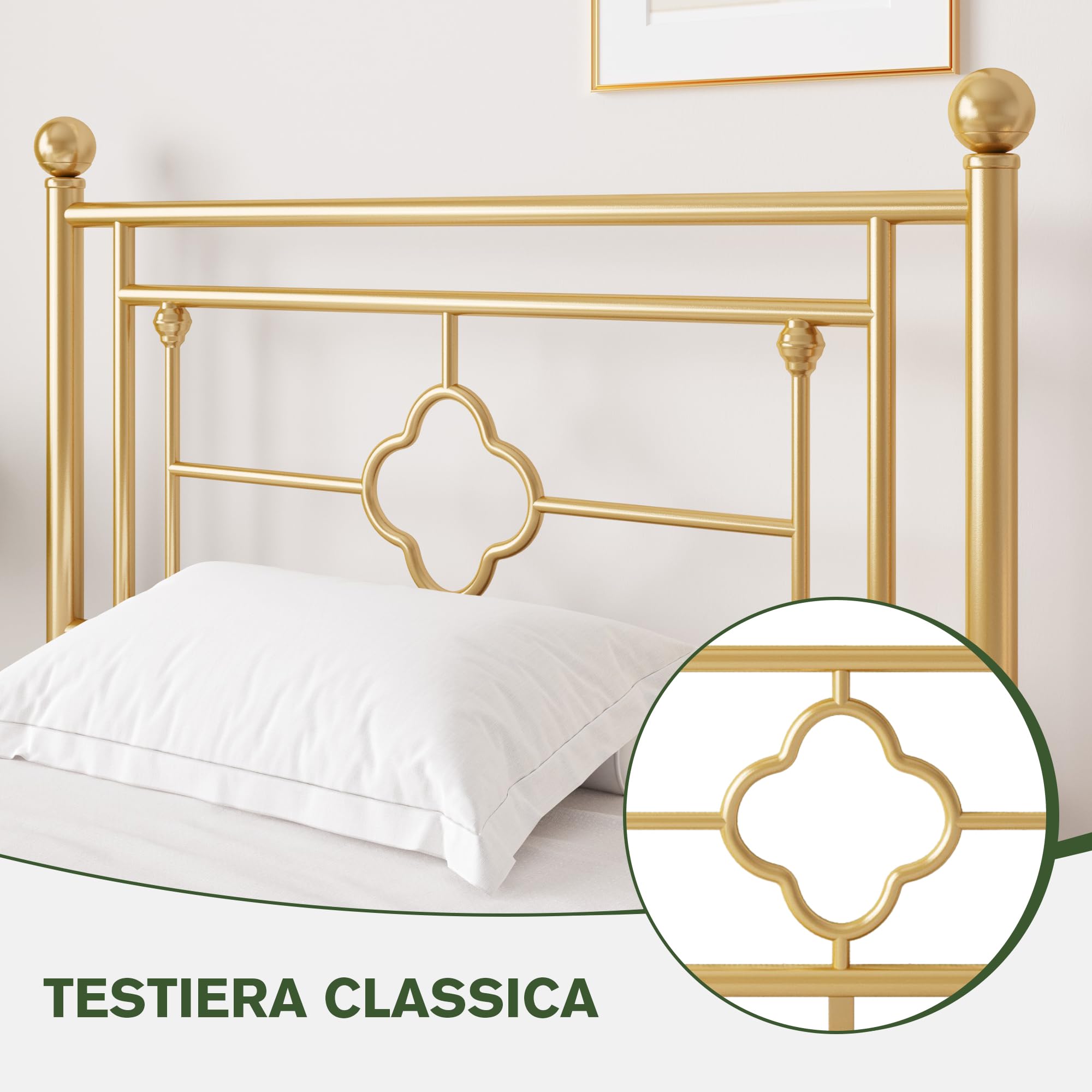 MUTICOR Struttura Letto in Metallo 90x200 cm, Letto Moderno per Camera da Letto o Stanza degli Ospiti con Testiera e Doghe, Silenzioso, Facile da Montare, con Spazio di Stoccaggio, Oro