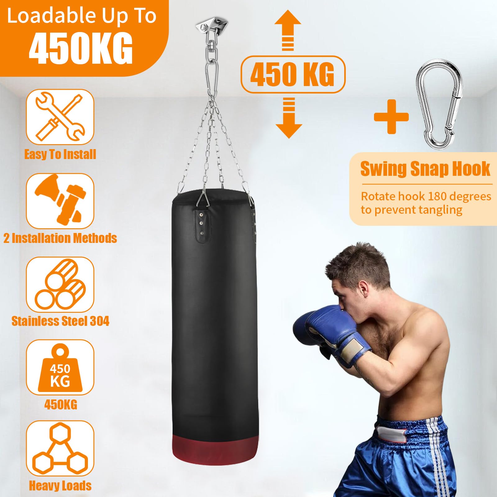 2 Pezzi Gancio Soffitto Acciaio Inossidabile 450kg Capacità, Supporto Sacco Boxe Girevole 360°con Viti Bulloni per Cemento e Legno, Gancio Carichi Pesanti per Altalena, Amaca, Yoga, Sedia Sospesa