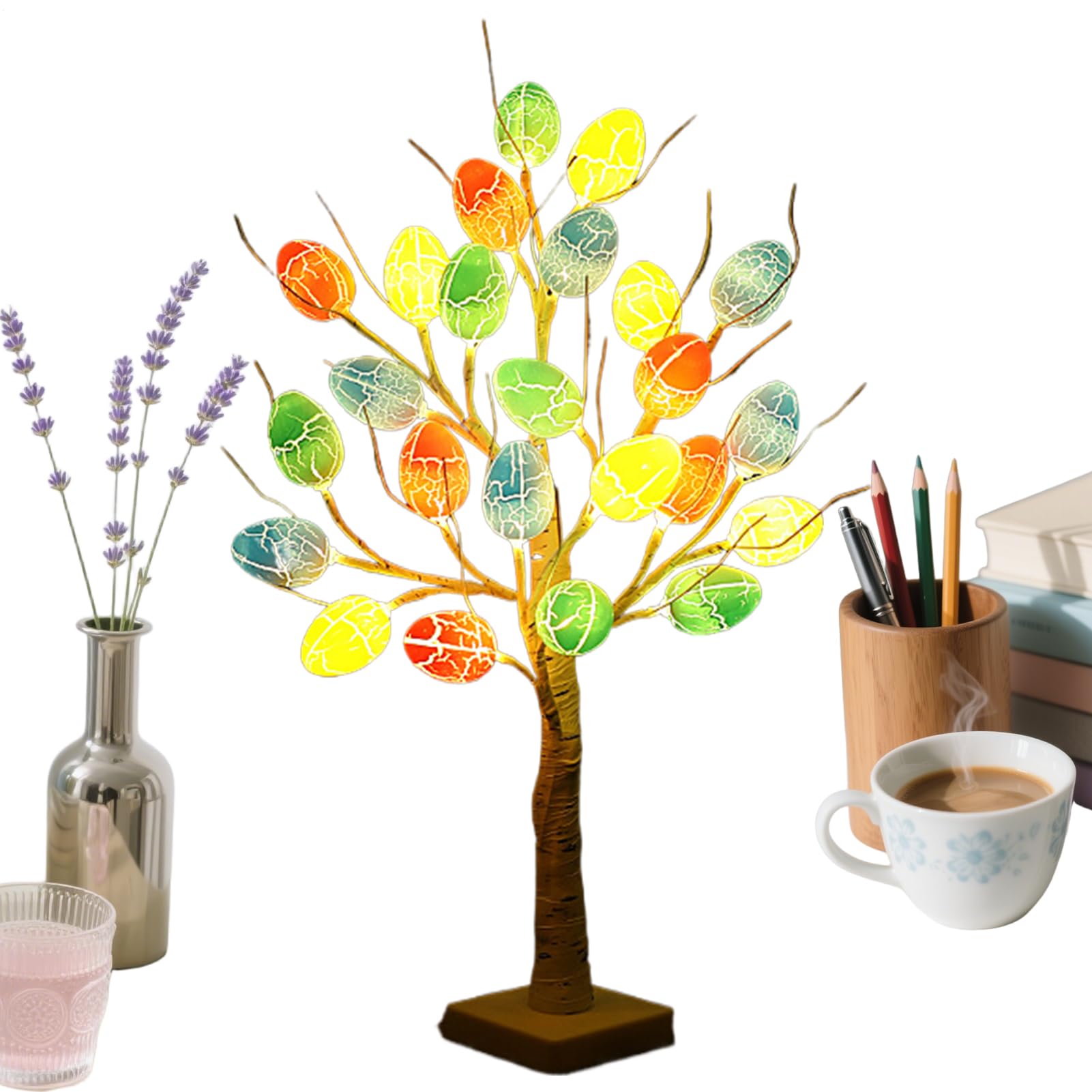 Árbol de mesa de 60 cm con luces LED y huevos de Pascua decorativos