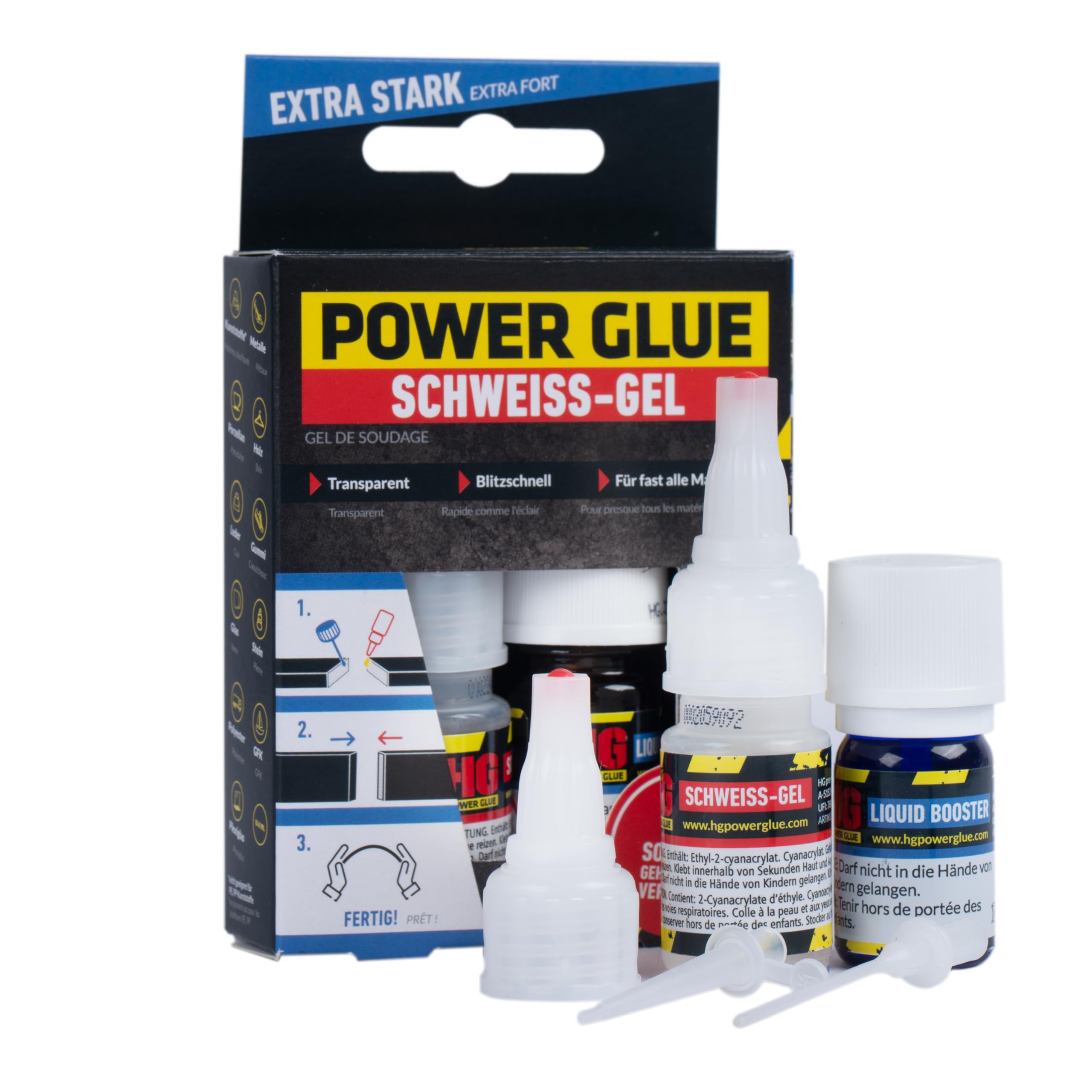 HG POWER GLUE Schweissgel Deluxe, 2k Sekundenkleber extra stark, Industriekleber für Kunststoff, Gummi, Stein, Keramik, Glas, Holz, Metall, uvm schnell trocknend, verrinnt nicht, 10 g mit Booster 5 ml