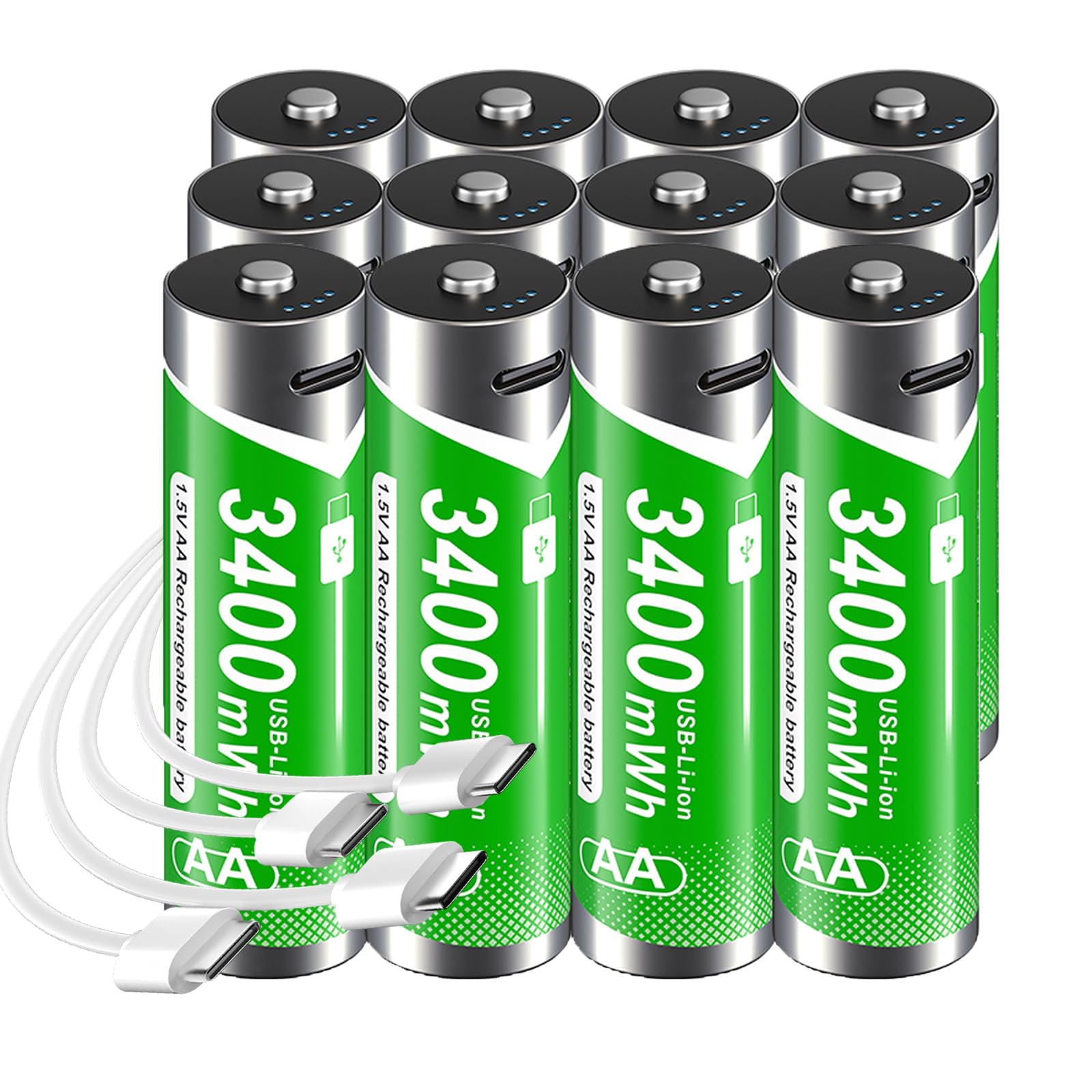 USB Rechargeable AA Batteries 12-Pack, 3400mWh Lithium-Ion 1.5V, 1500+ Cycles, 4-in-1 USB-C Cable Included, LED Indicator, 1.9H Fast Charge – AA Lithium Battery Perfect for Blink Outdoor Camera
