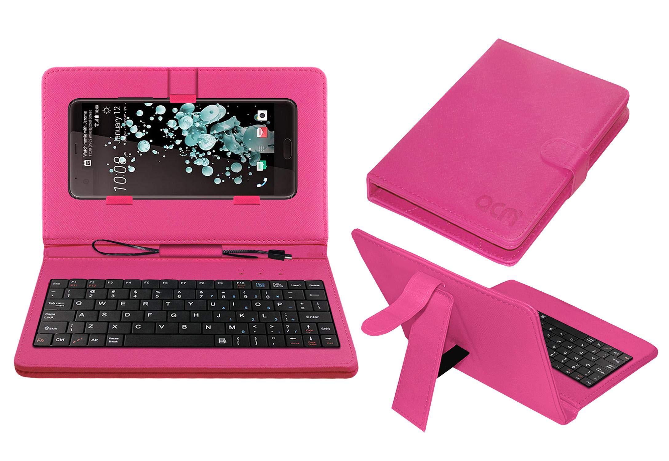 ACM Keyboard Case Compatible with HTC U Ultra Mobile Flip Cover Stand Plug & Play Device for Study & Gaming Pink