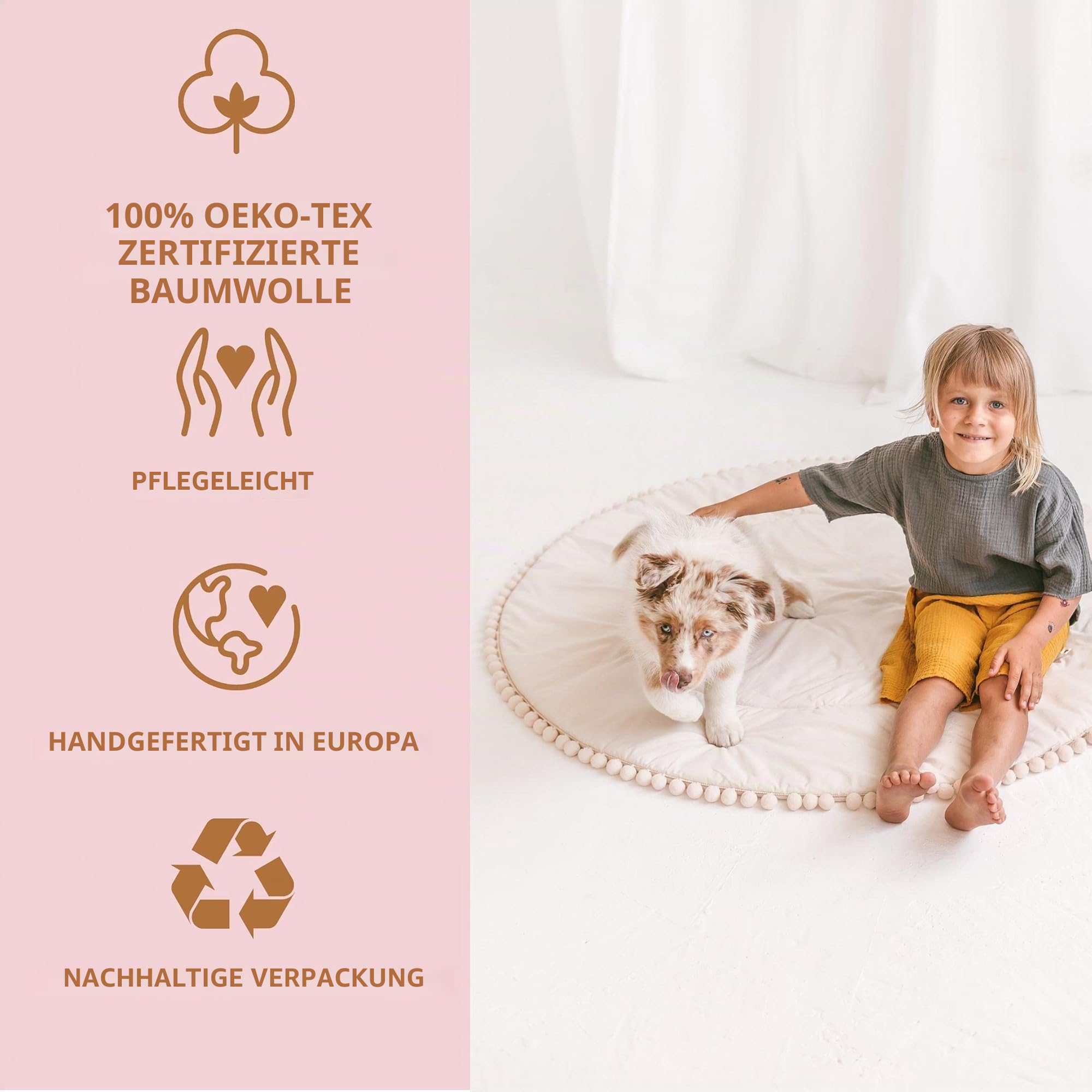 MINICAMP Baby Spielmatte für den Boden - gepolstert - runde Bodenmatte mit Bommeln für Tipi-Zelte - Spielmatte aus 100% zertifizierter Baumwolle - Teppich fürs Kinderzimmer - 115 cm Durchmesser
