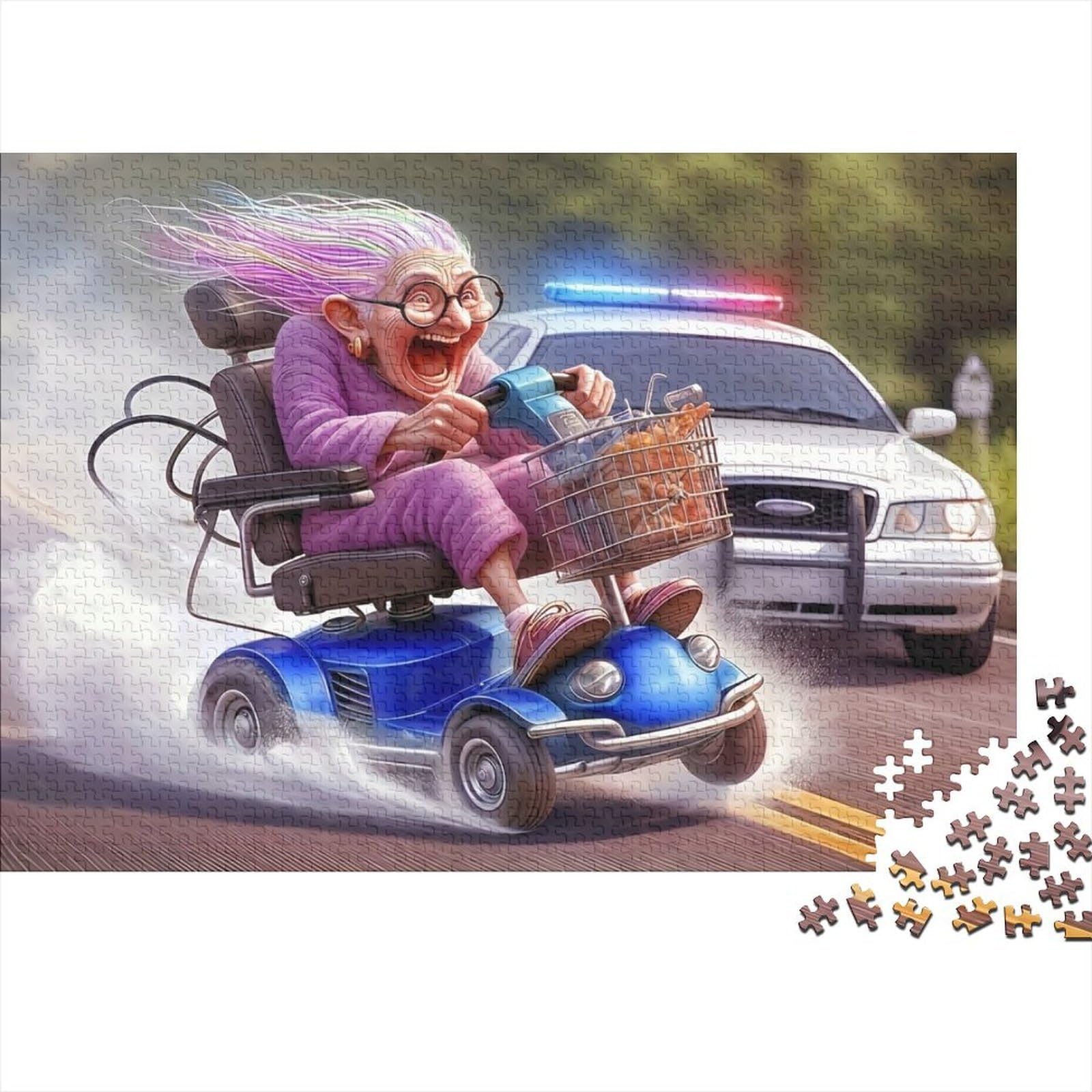 Old Lady on Mobility Scooter Jigsaw Puzzle for Adults 1000 Piece Jigsaw Puzzle Police Car Chase Relaxing Gift 38x26cm/1000pcs