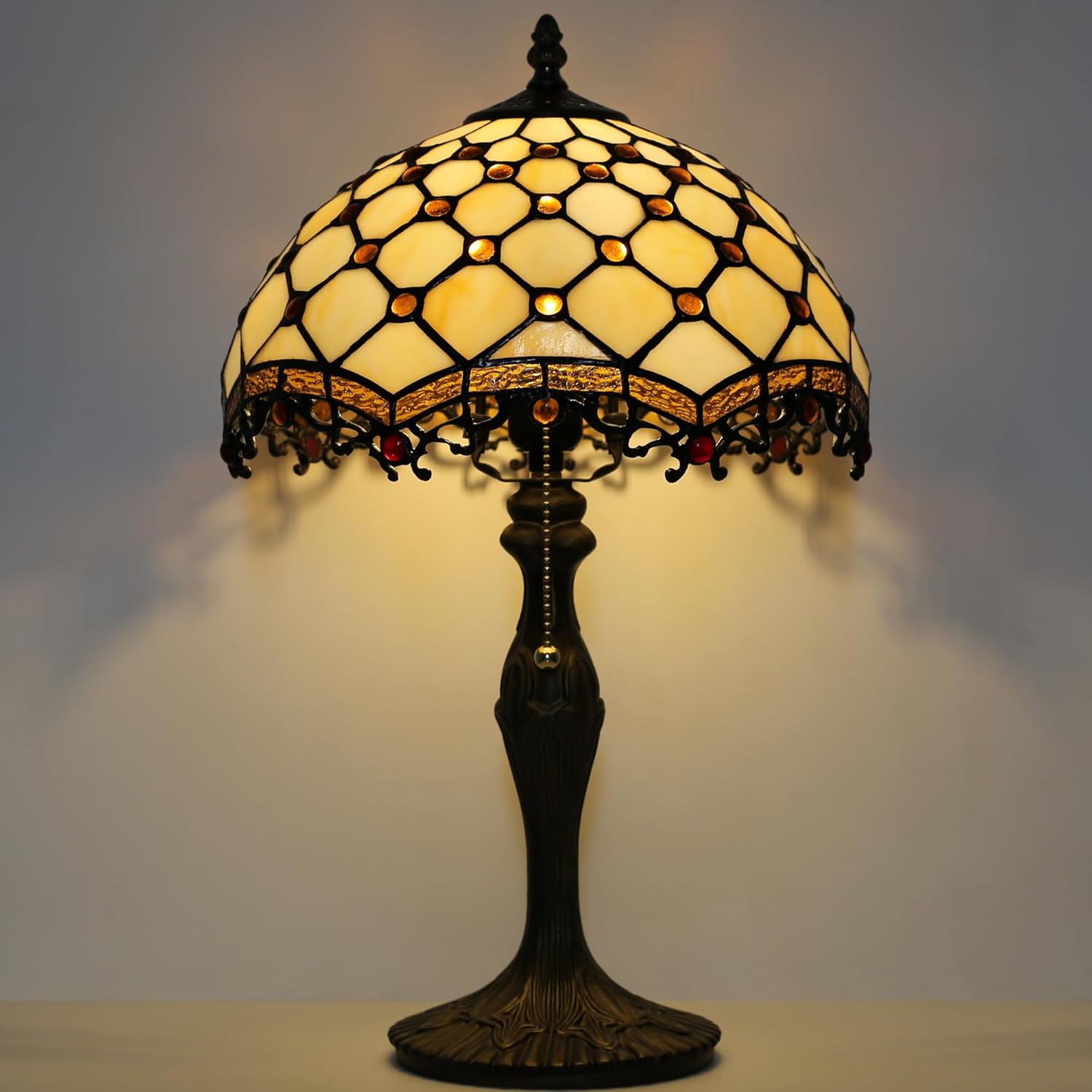 Tiffany Lamp Stained Glass Table Lamp 12 x 19” Phoenix Tail Beads Style Bedside Reading Lamp Decorative Light for Desk Living Room Bedroom Office Study Light Home Decor Gift
