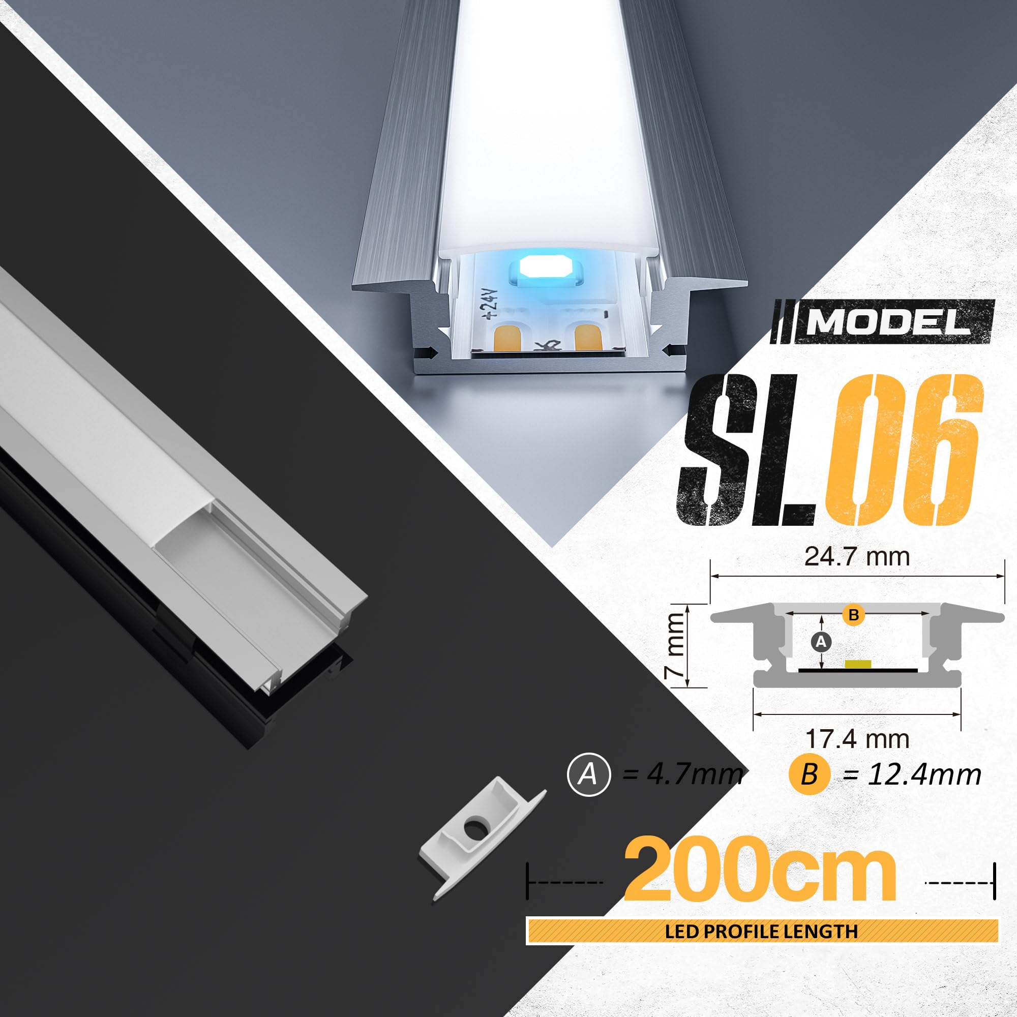 Perfil Aluminio Tira LED 2m (6 Unidades), Perfil LED con Difusor LED Opaco, Canaleta Tira LED para Tiras de Hasta 12mm, Incluye Tapas y Clips de Montaje - Tamaño 24.7 × 7mm (6*2M(Total 12M))