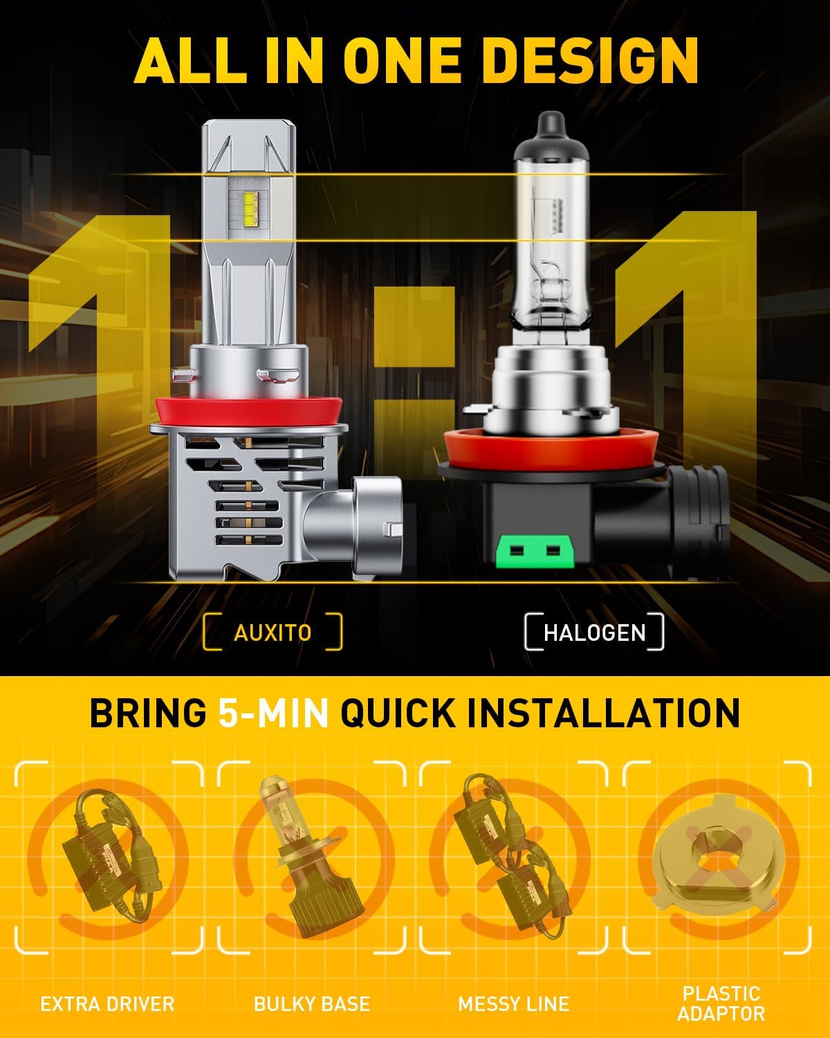 AUXITO 2025 Upgraded H11/H9/H8 Bulbs, 32000LM 900% Brightness, 6500K Cool White Super Bright, Real 1:1 Design, Canbus Ready, Plug and Play, Pack of 2